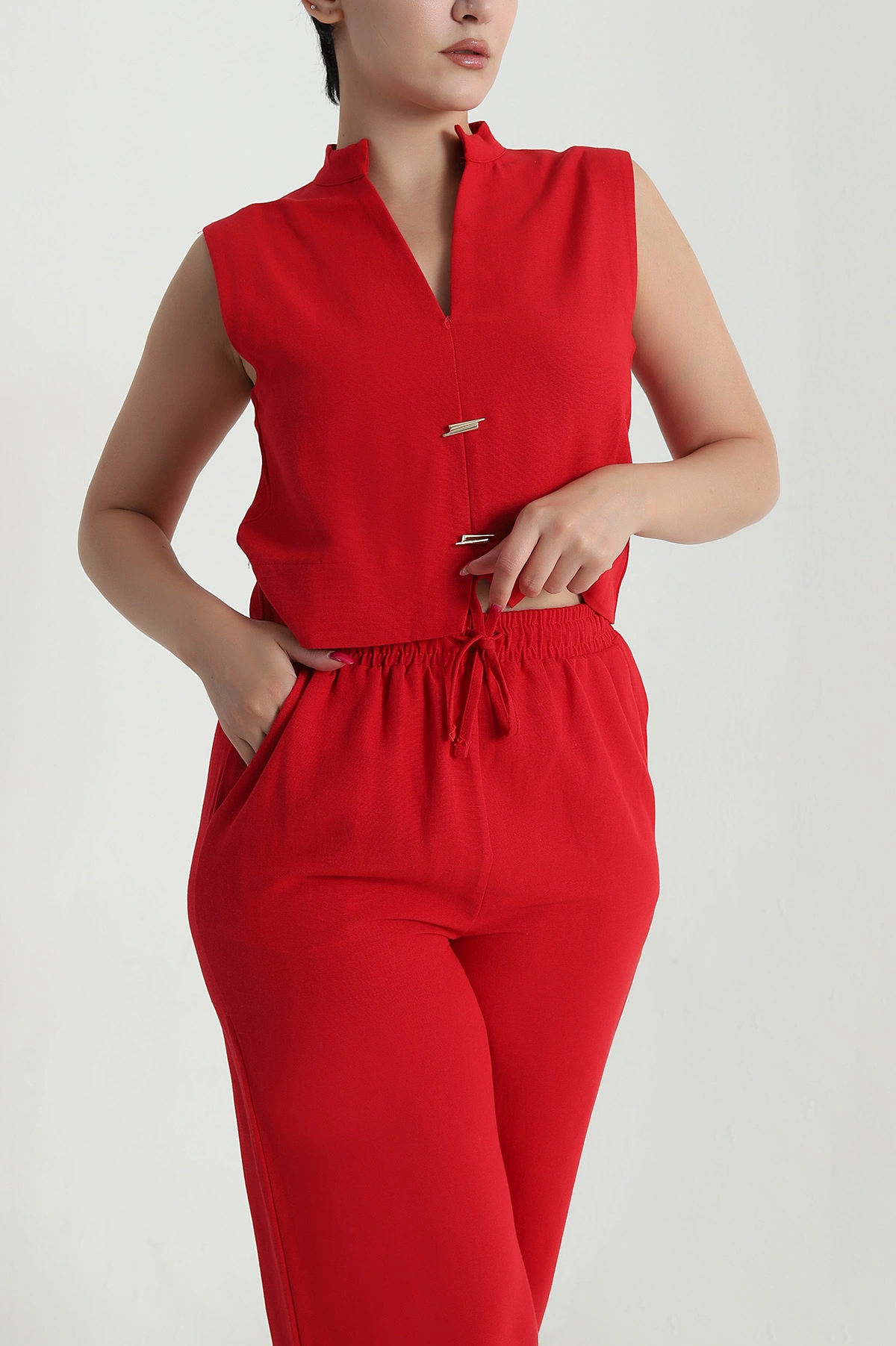 Kırmızı Pantolon Bluz Keten Kadın İkili Takım 479510