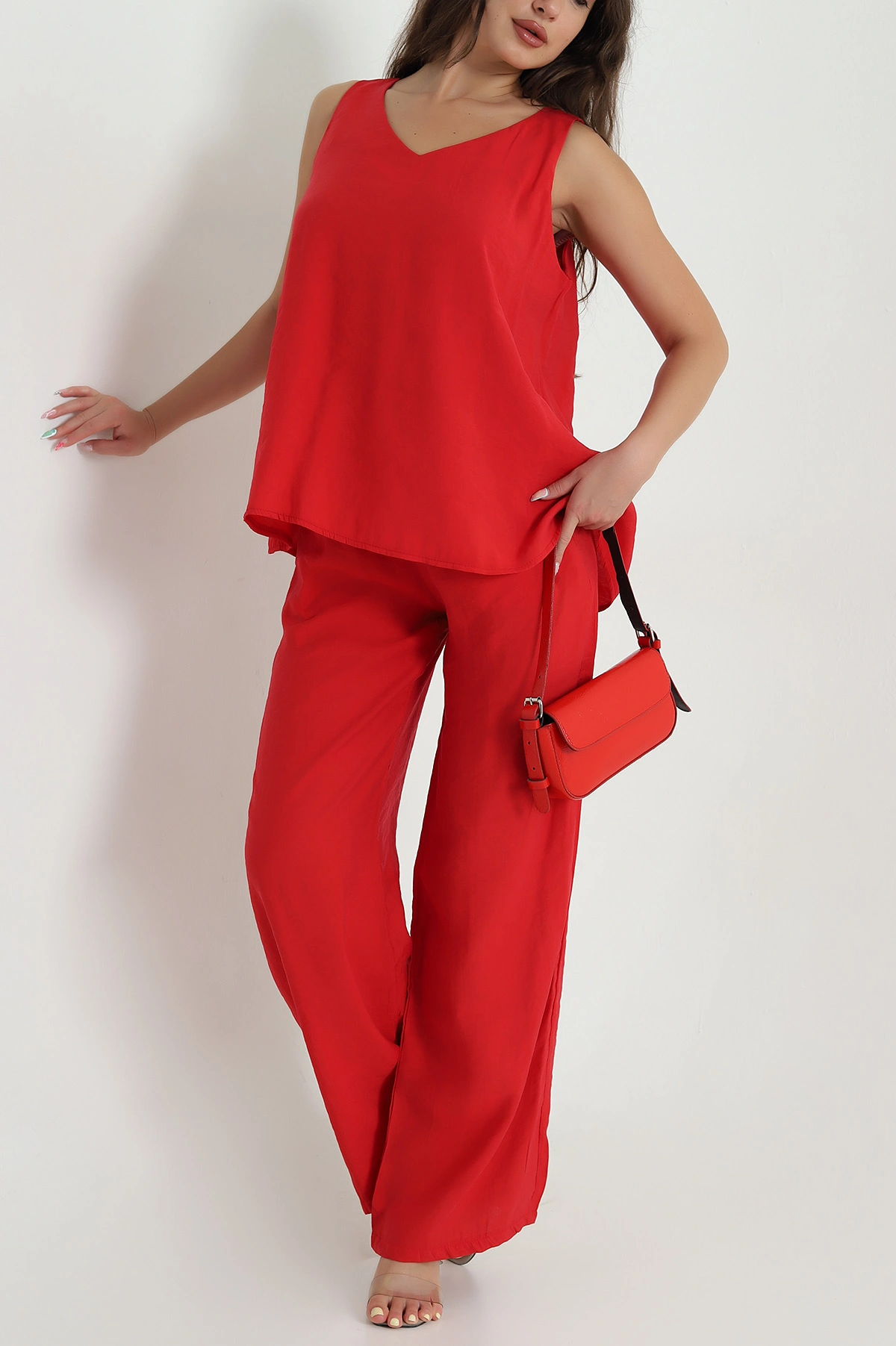 Kırmızı Pantolon Bluz Tensel Modal Kadın İkili Takım 468545