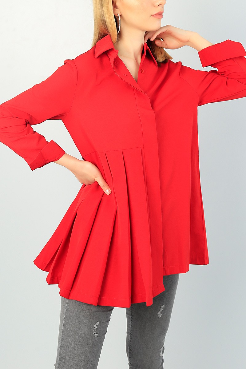 Kırmızı Pile Tasarım Poplin Gömlek Tunik 66609