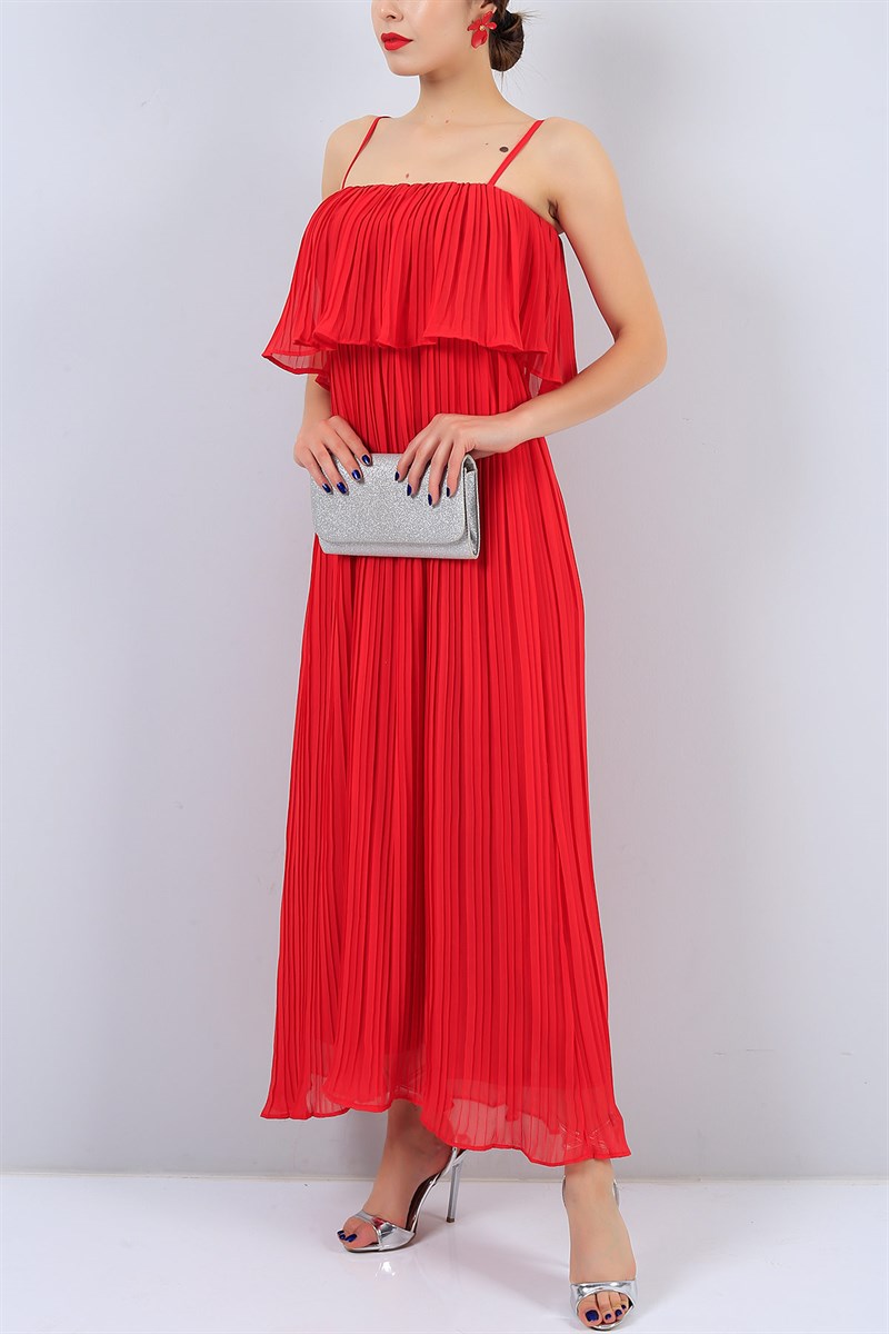 Kırmızı Pileli Bayan Askılı Şifon Elbise 15115B