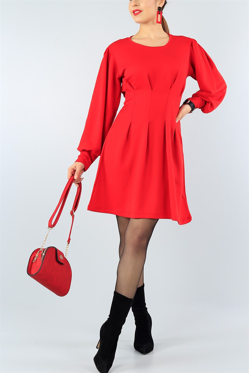 Kırmızı Pileli Likralı Elbise 43437