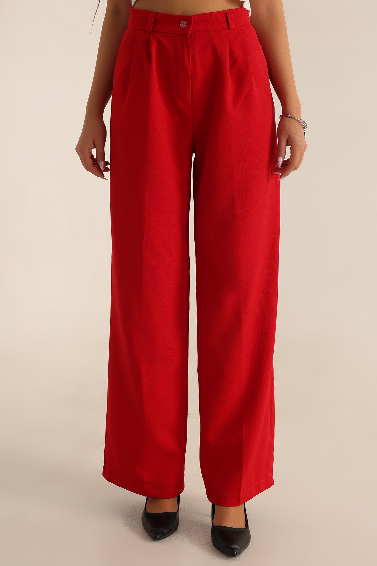 Kırmızı Pileli Palazzo Bayan Pantalon 196243
