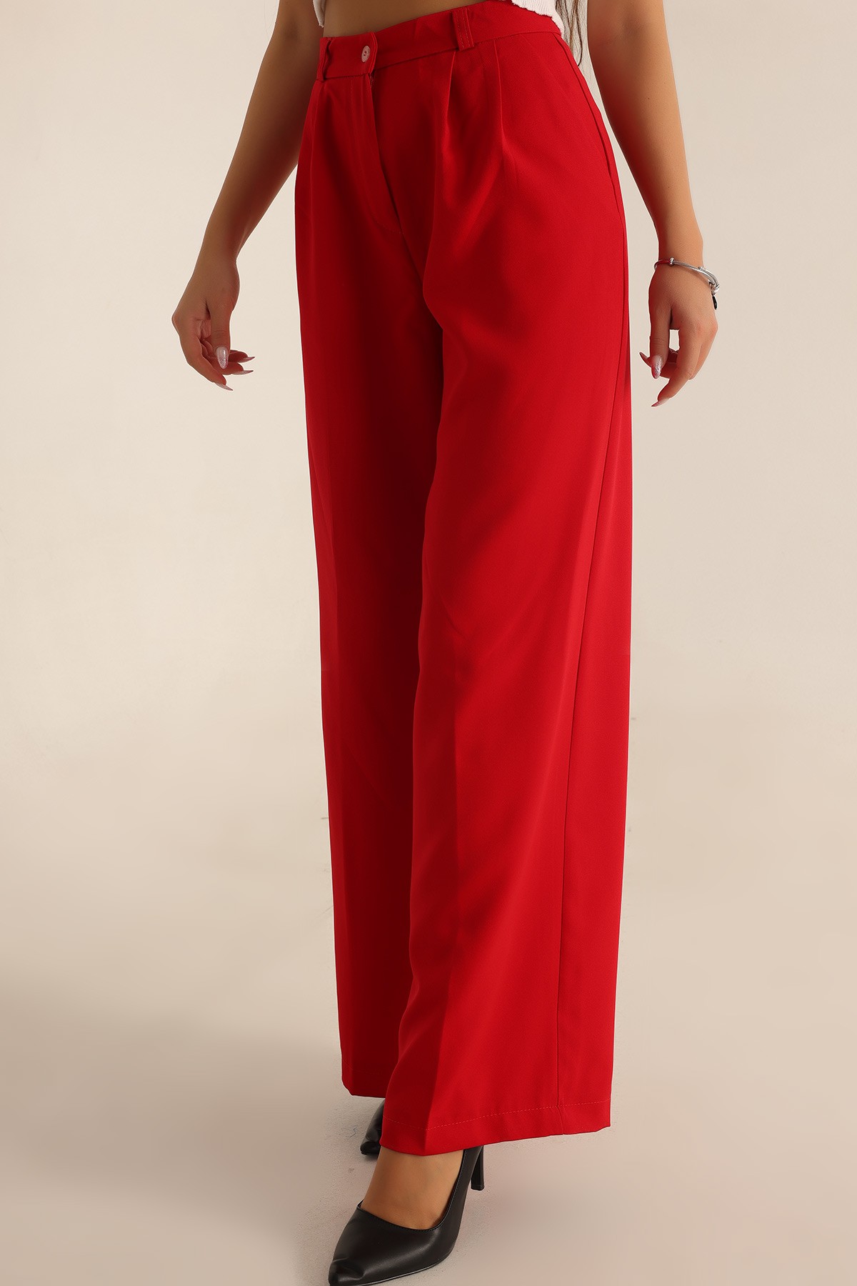 Kırmızı Pileli Palazzo Bayan Pantalon 196243