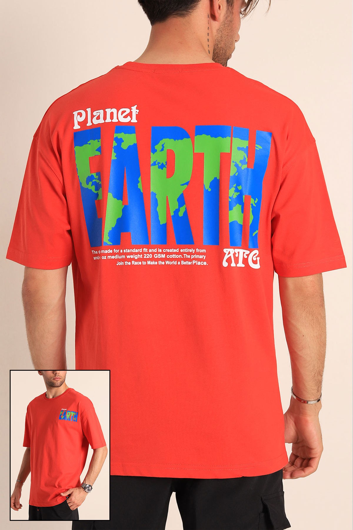 Kırmızı Planet Sırt Baskılı Oversize Erkek Tişört 186069