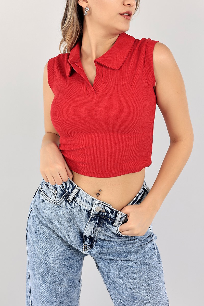 Kırmızı Polo Yaka Fitilli Kolsuz Bluz 107369
