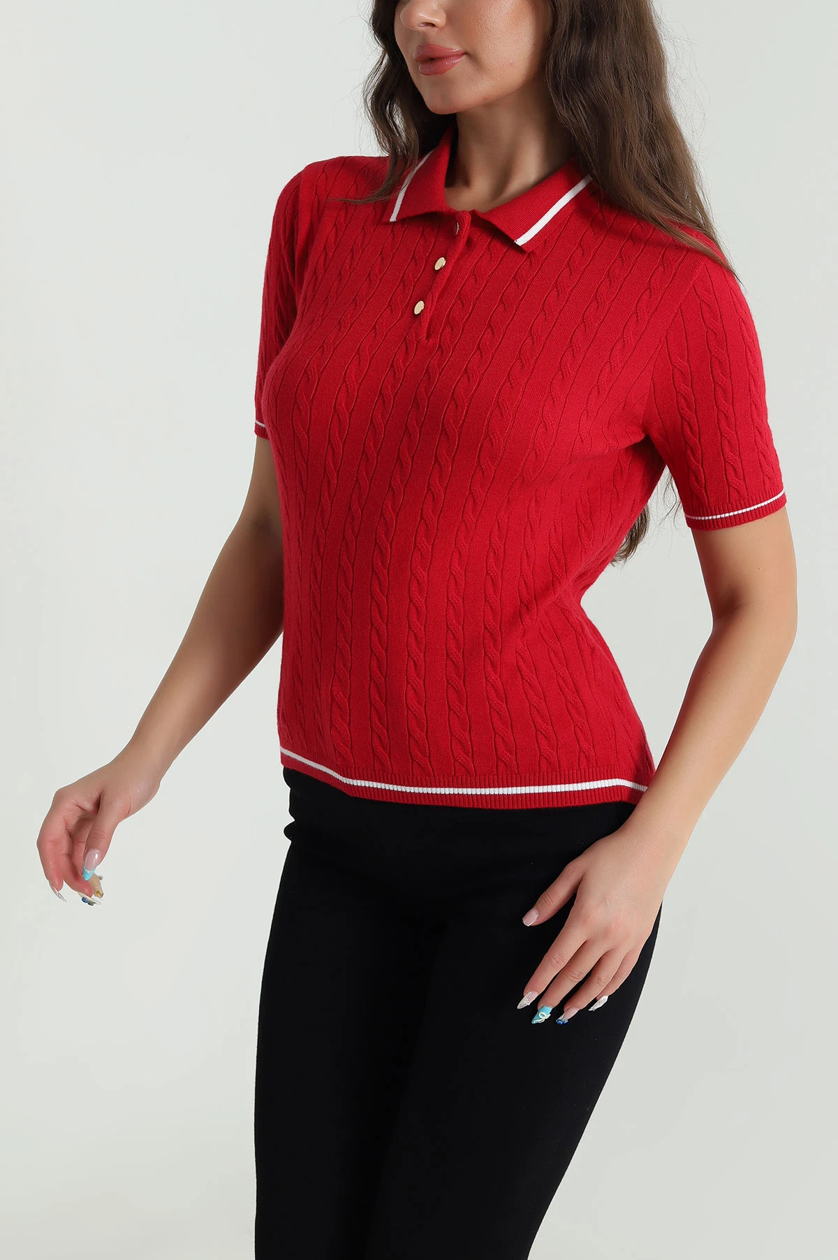 Kırmızı Polo Yaka Kadın Triko Bluz 484252