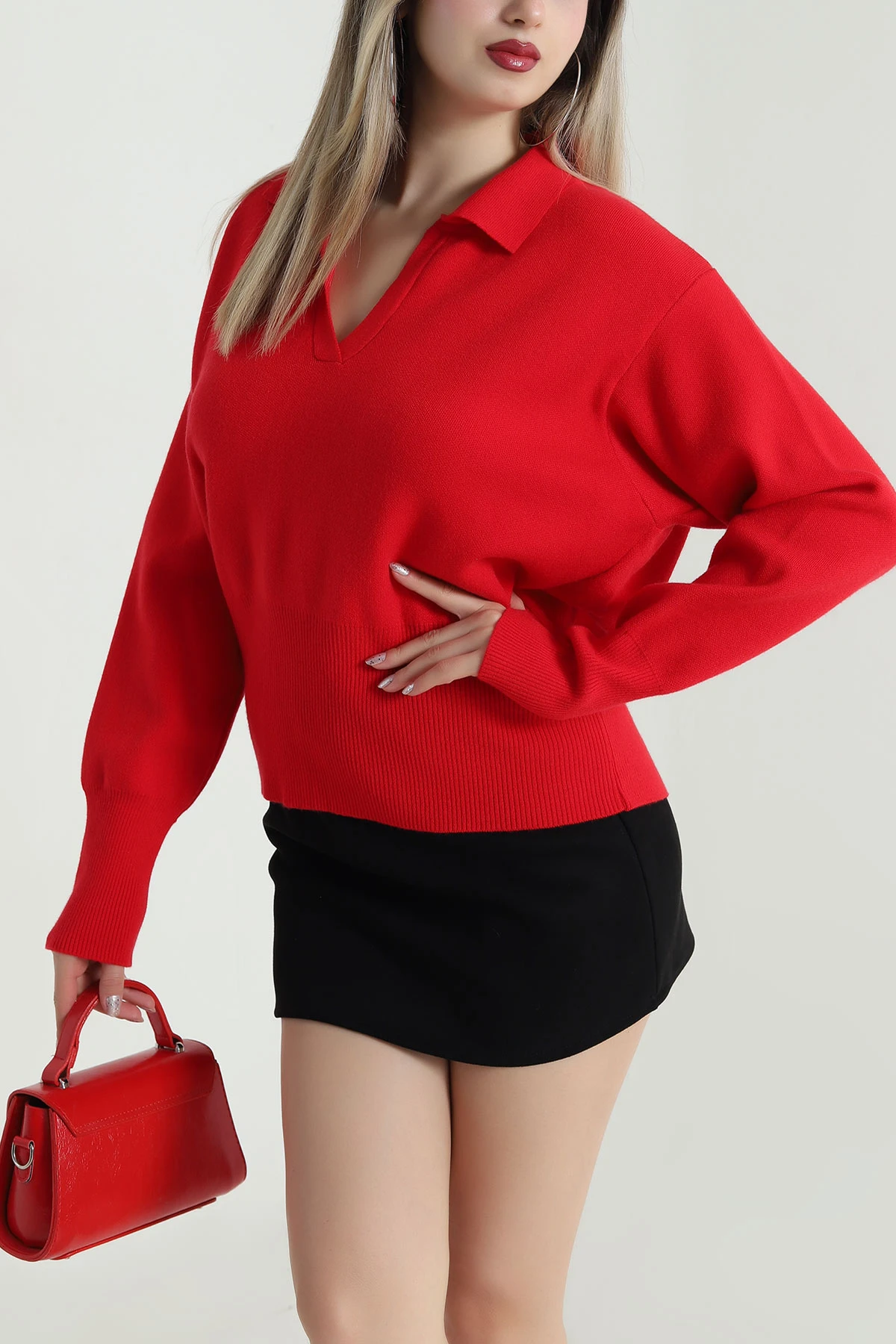 Kırmızı Polo Yaka Kadın Triko Kazak 489703