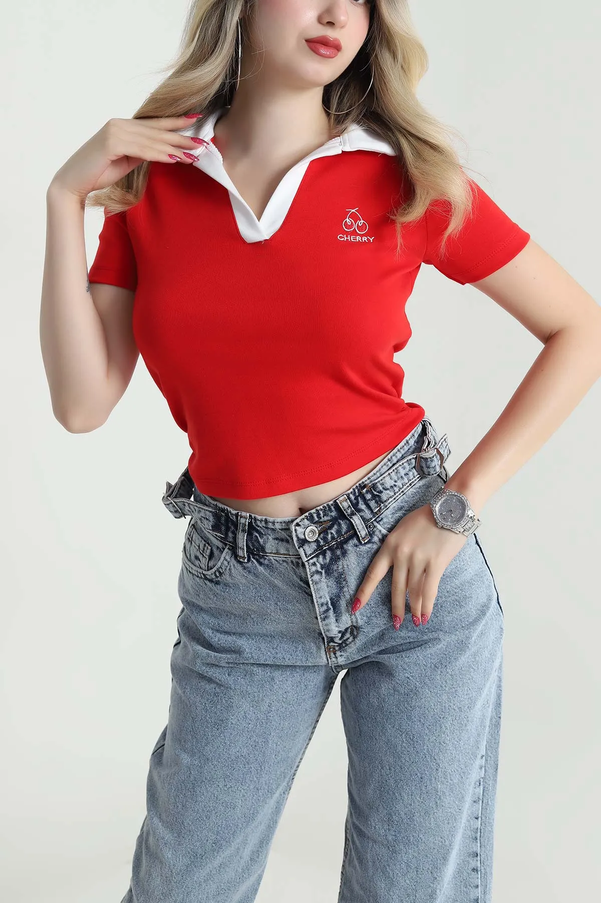 Kırmızı Polo Yaka Kompak Kadın Tişört 475338
