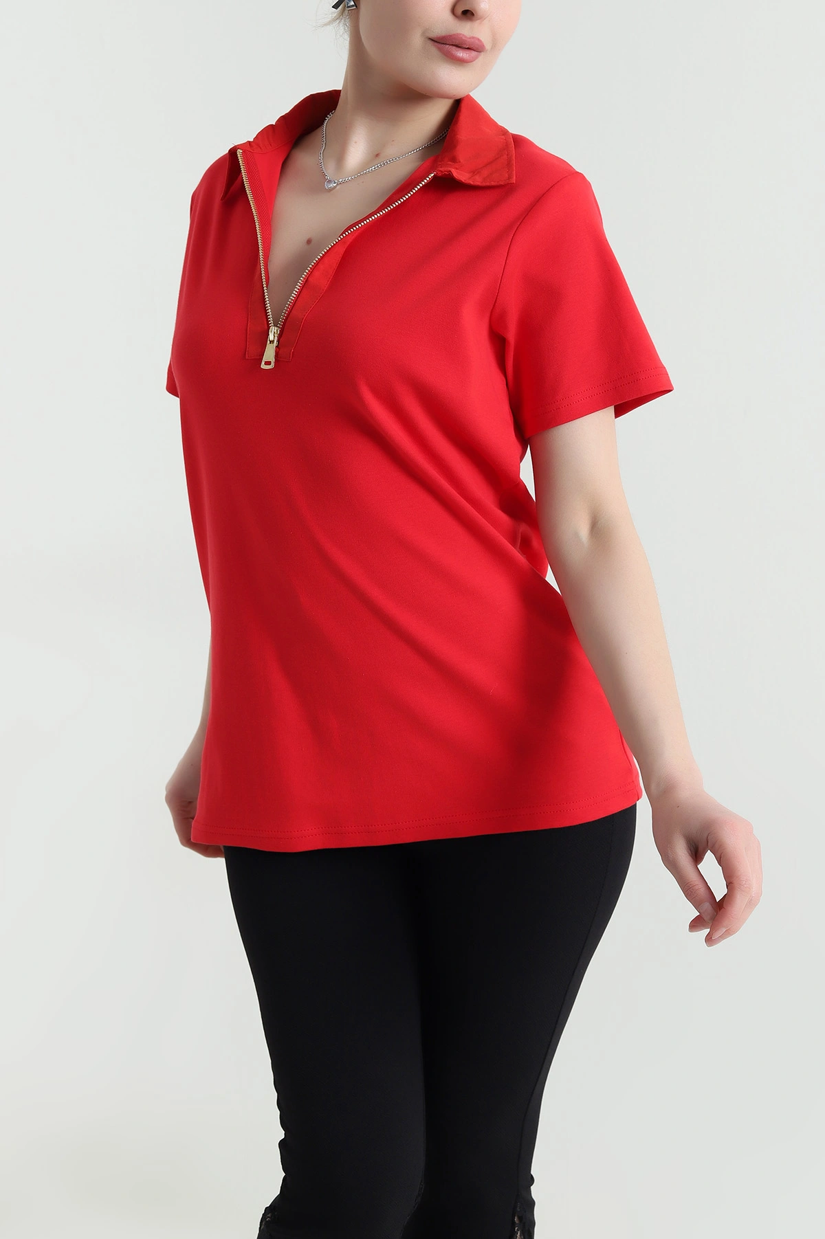 Kırmızı Polo Yaka Kristal Kadın Bluz 449061