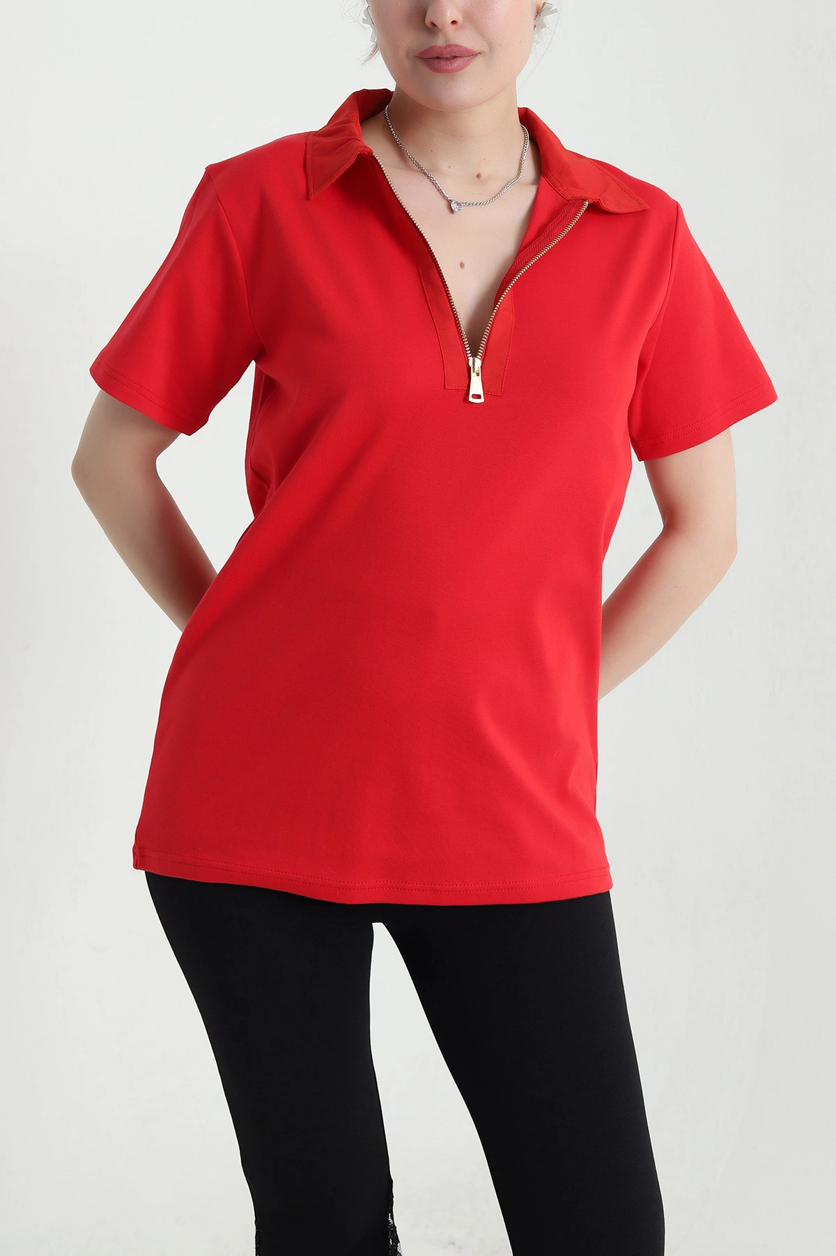 Kırmızı Polo Yaka Kristal Kadın Bluz 449061