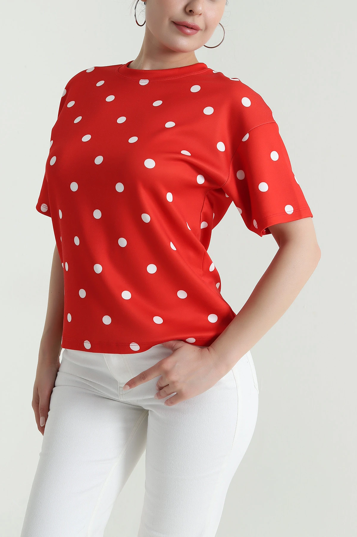 Kırmızı Puantiyeli Modal Kadın Bluz 473493
