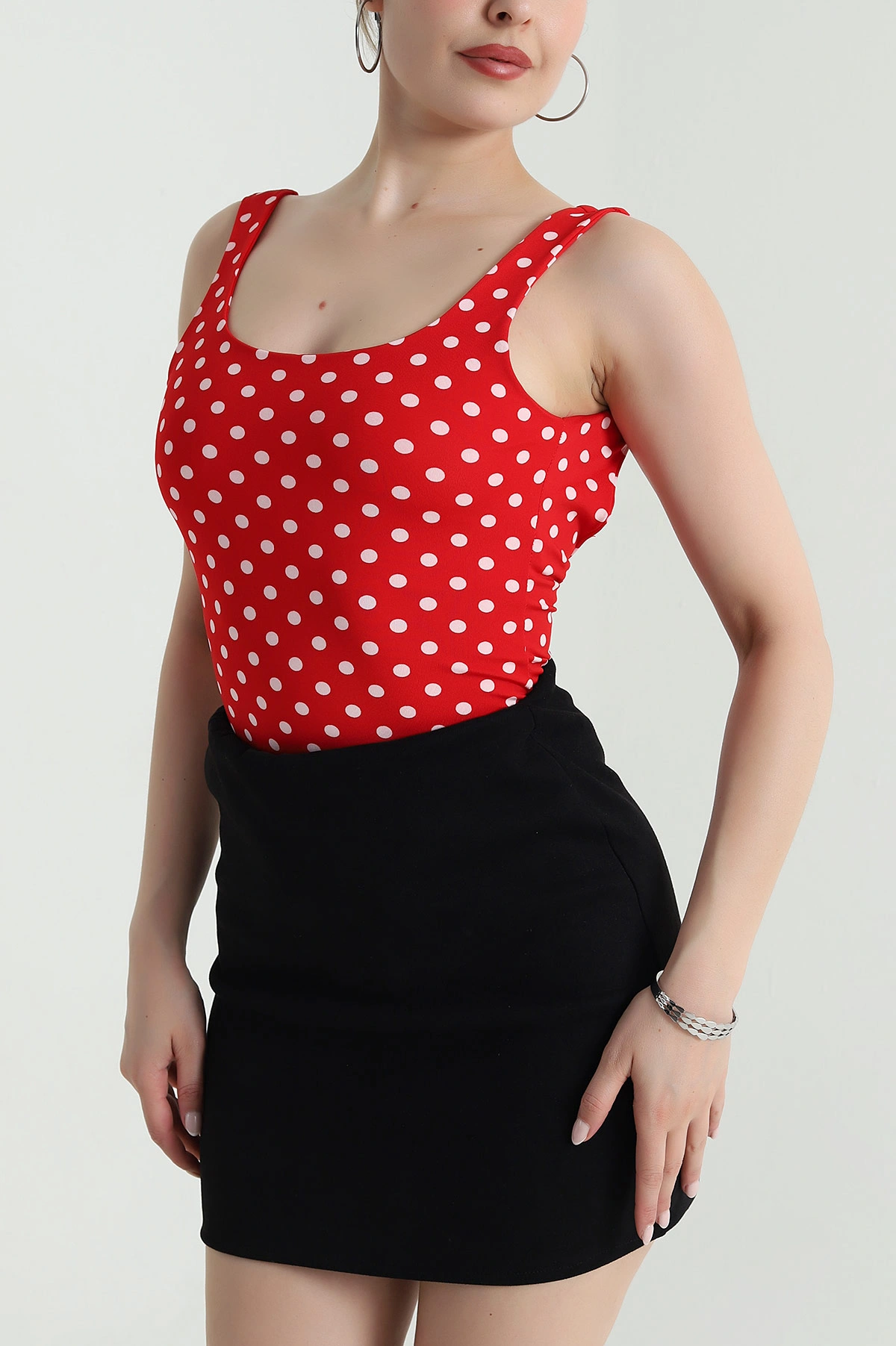 Kırmızı Puantiyeli Scuba Kadın Zıbın Bluz 472056