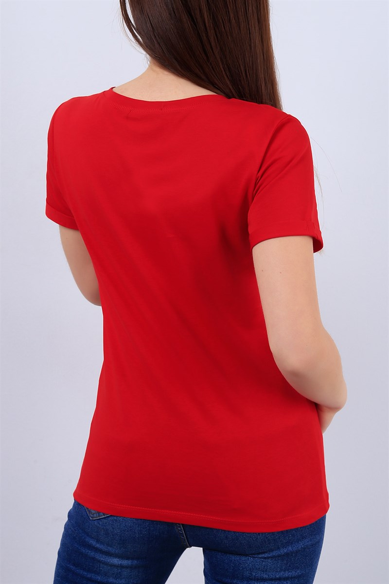 Kırmızı Pul Detaylı Bayan Tişört 13011B