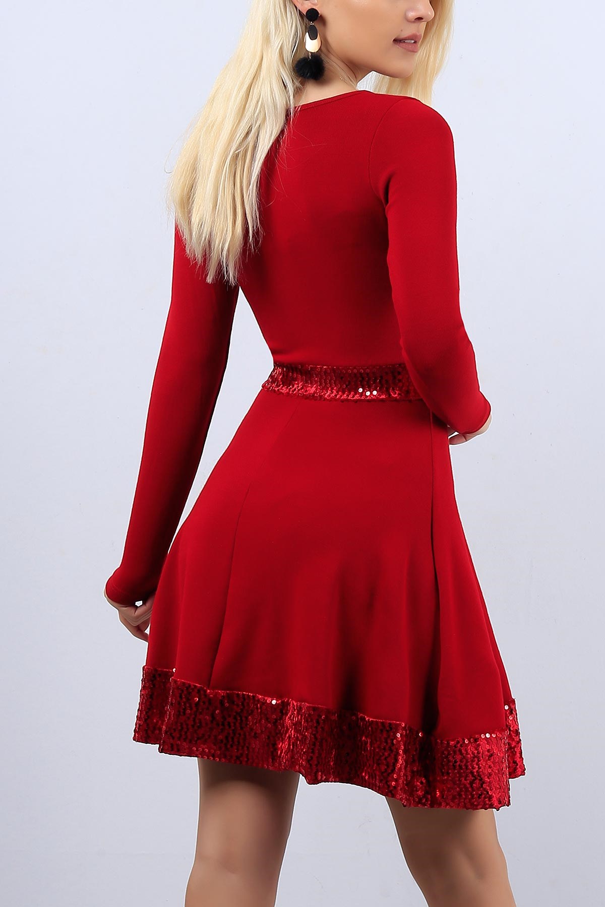 Kırmızı Pul Detaylı Bayan Triko Elbise 11081B
