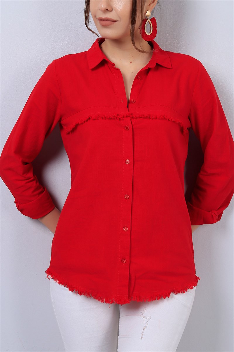 Kırmızı Püskül Detaylı Bayan Keten Gömlek 13865B