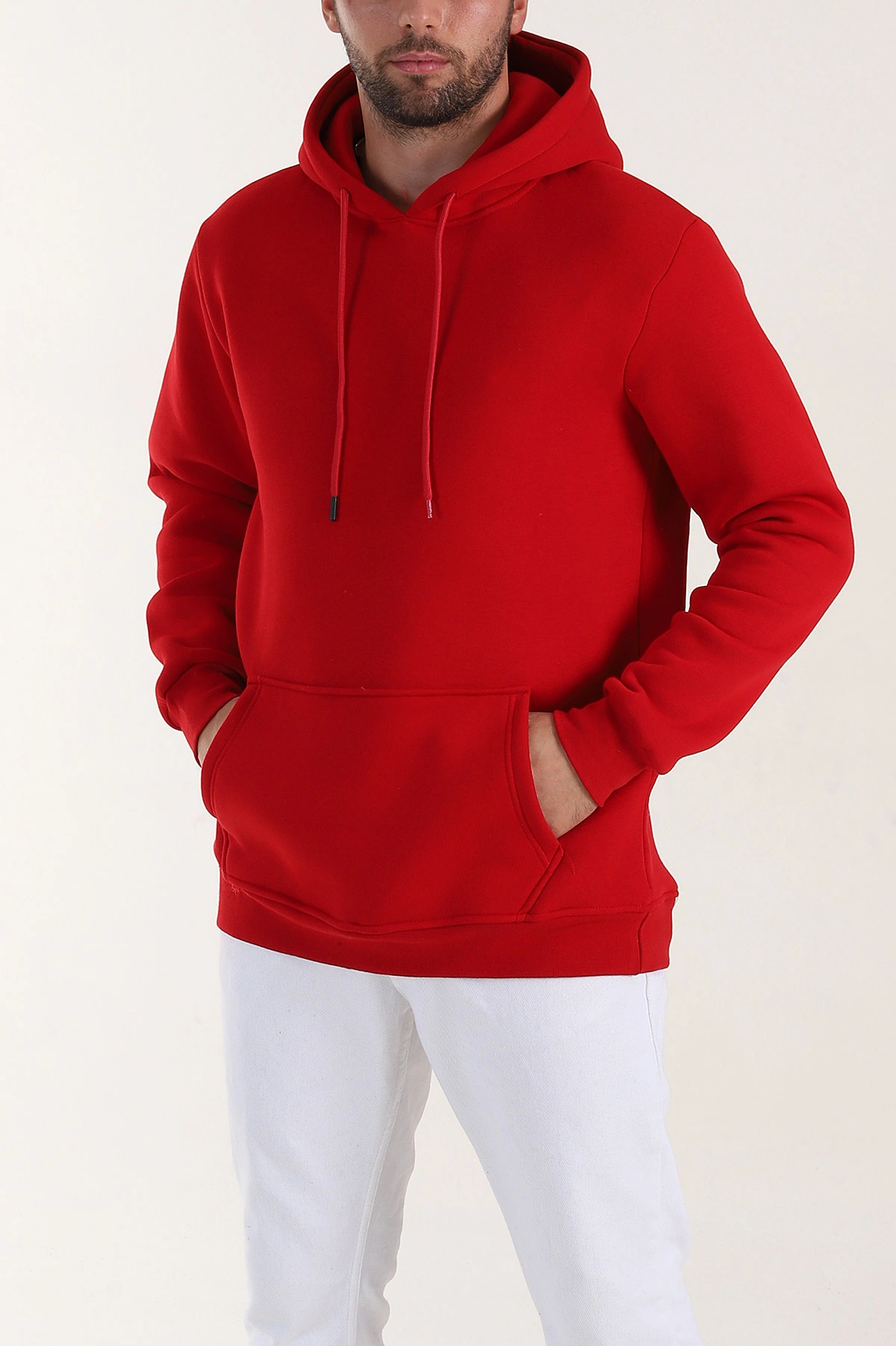 Kırmızı Regular Fit Üç İp Şardonlu Erkek Kapüşonlu Basic Sweatshirt 400530
