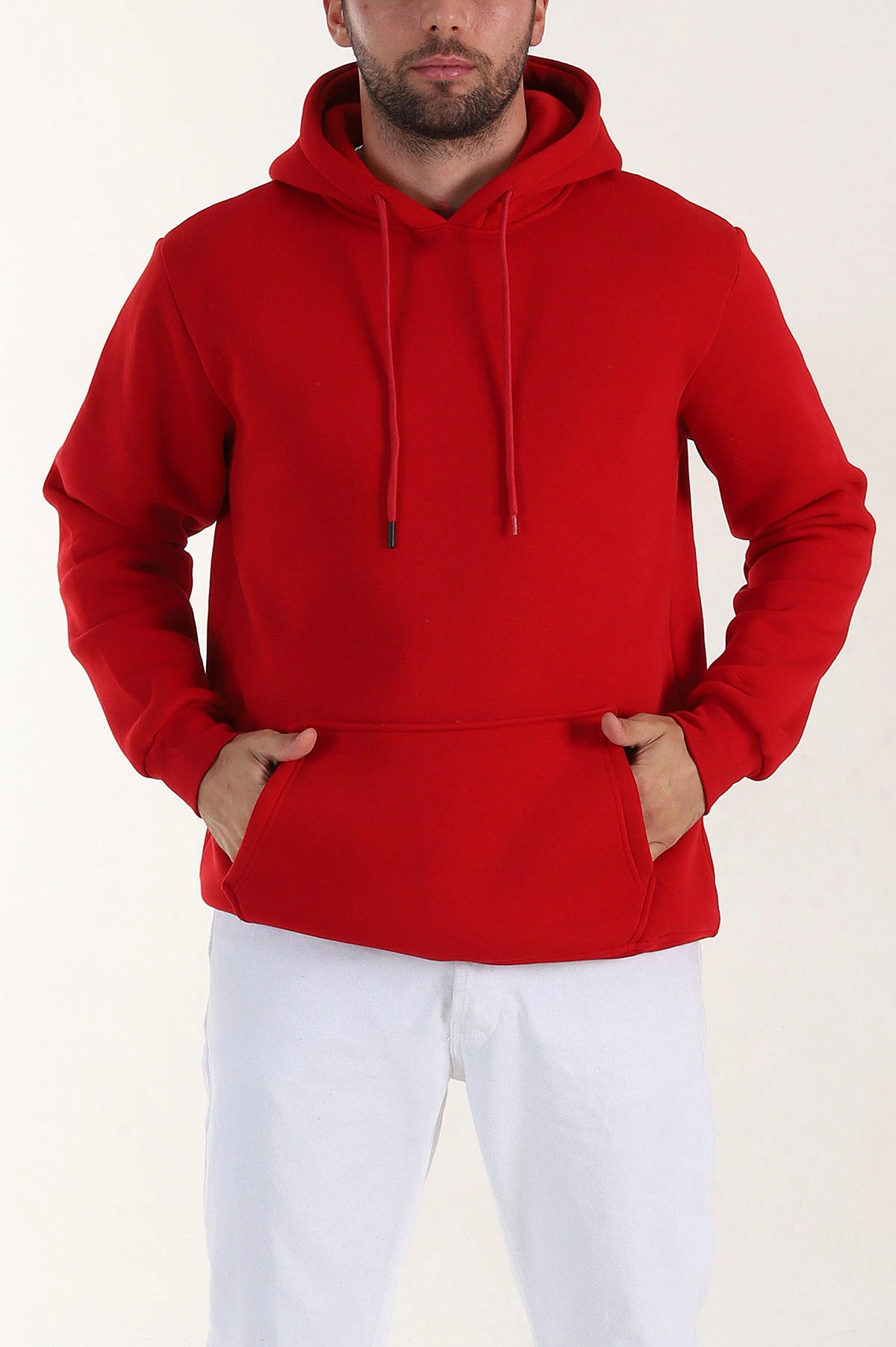 Kırmızı Regular Fit Üç İp Şardonlu Erkek Kapüşonlu Basic Sweatshirt 400530