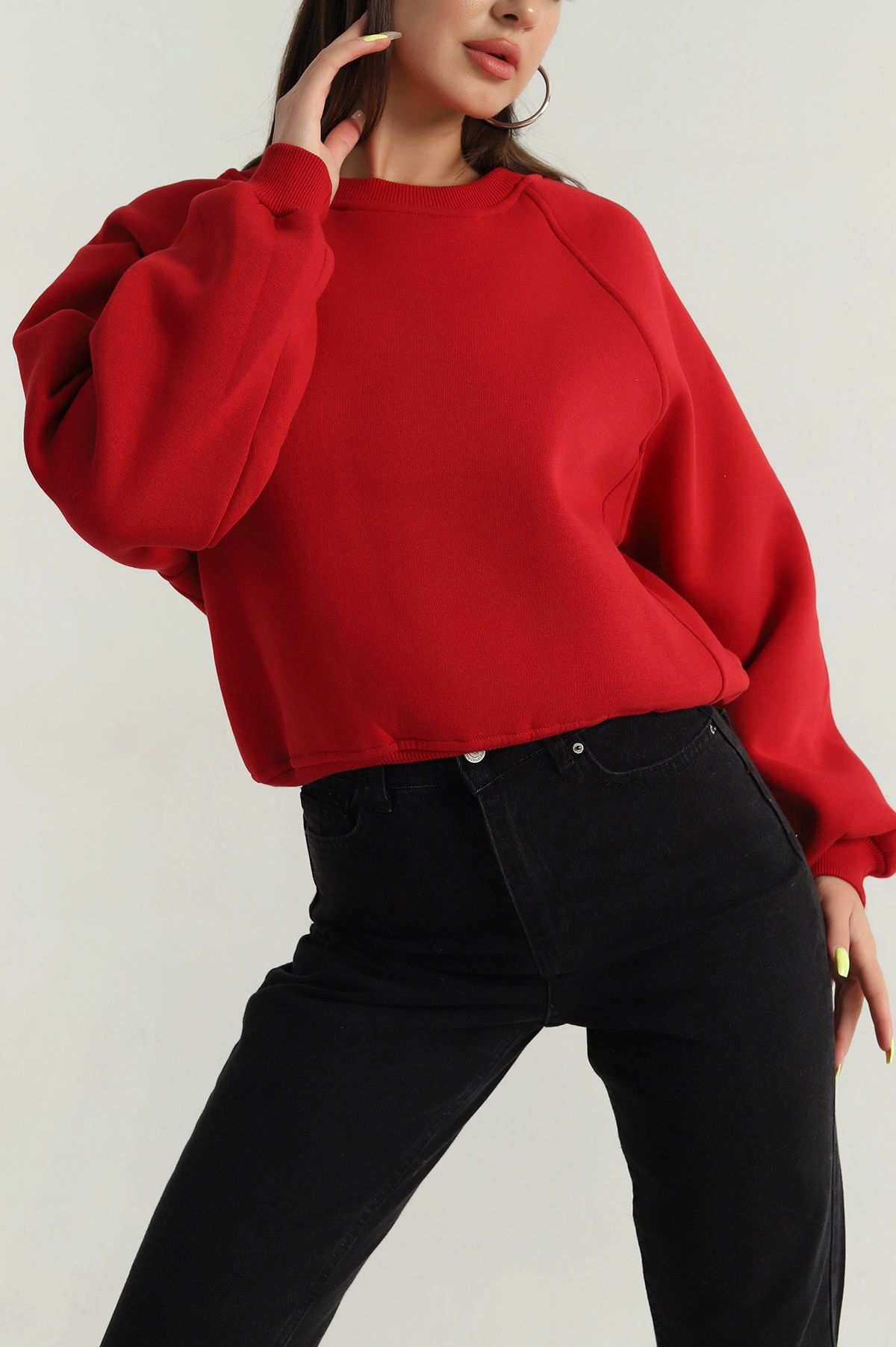 Kırmızı Şardonlu Kadın Fermuarsız Sweat 392390