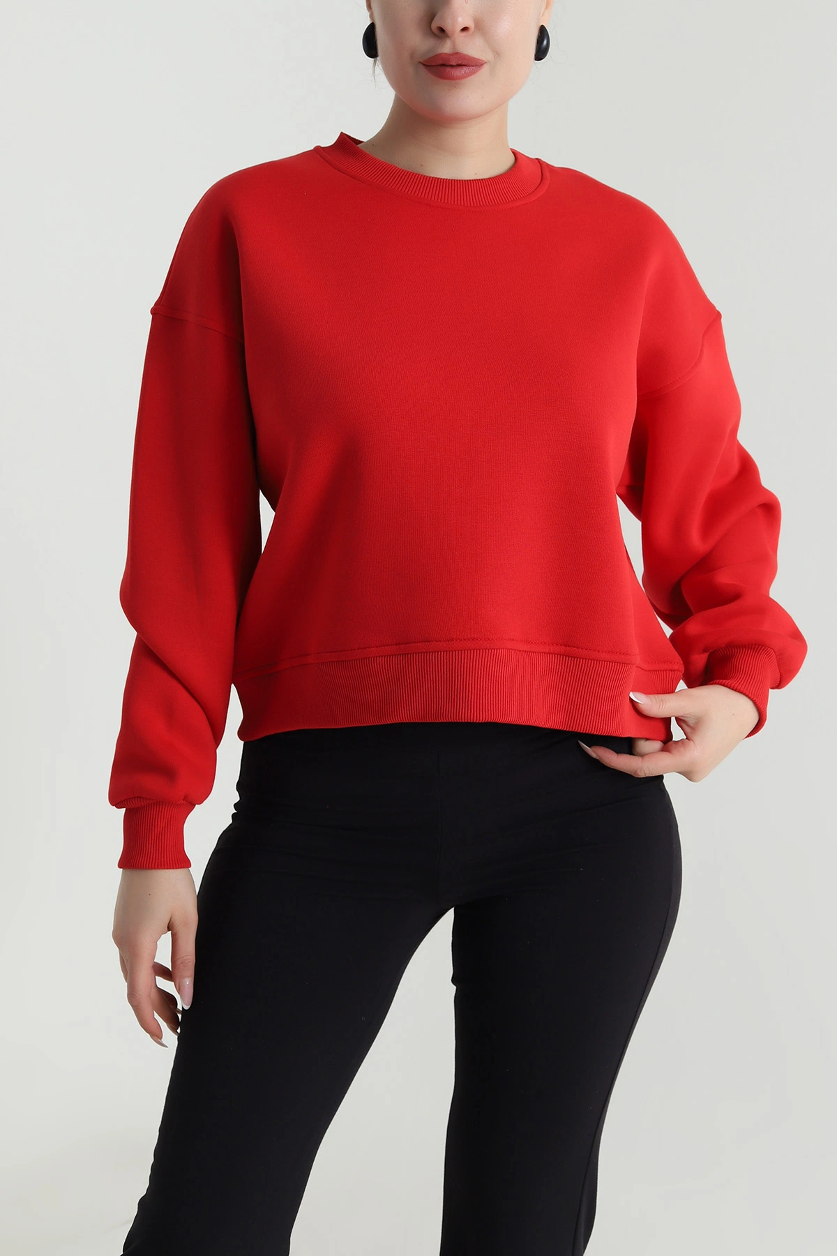 Kırmızı Şardonlu Kadın Fermuarsız Sweat 492511