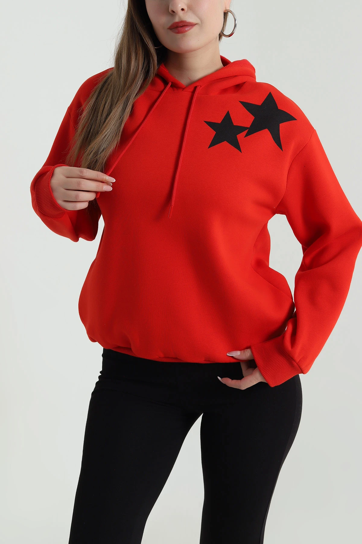 Kırmızı Şardonlu Kapüşonlu Kadın Sweat 489384