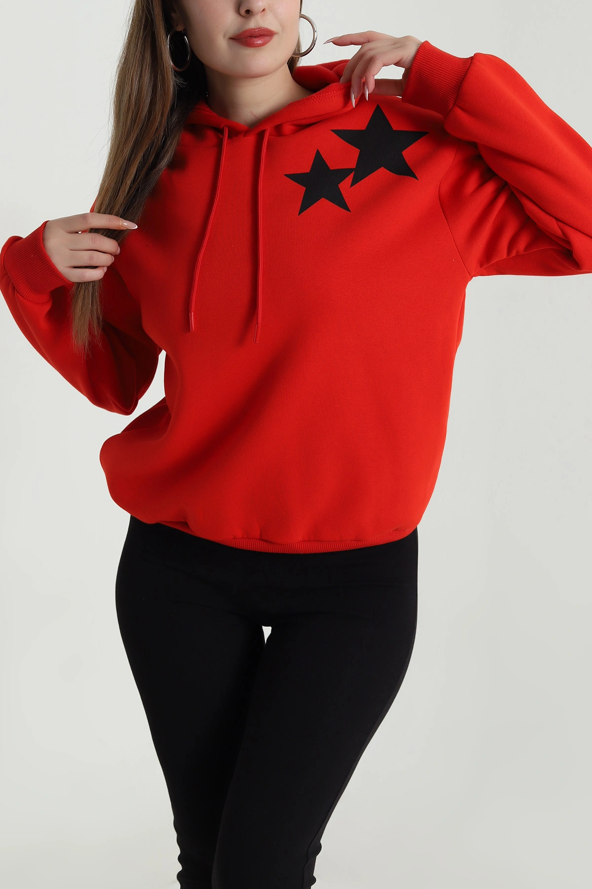 Kırmızı Şardonlu Kapüşonlu Kadın Sweat 489384