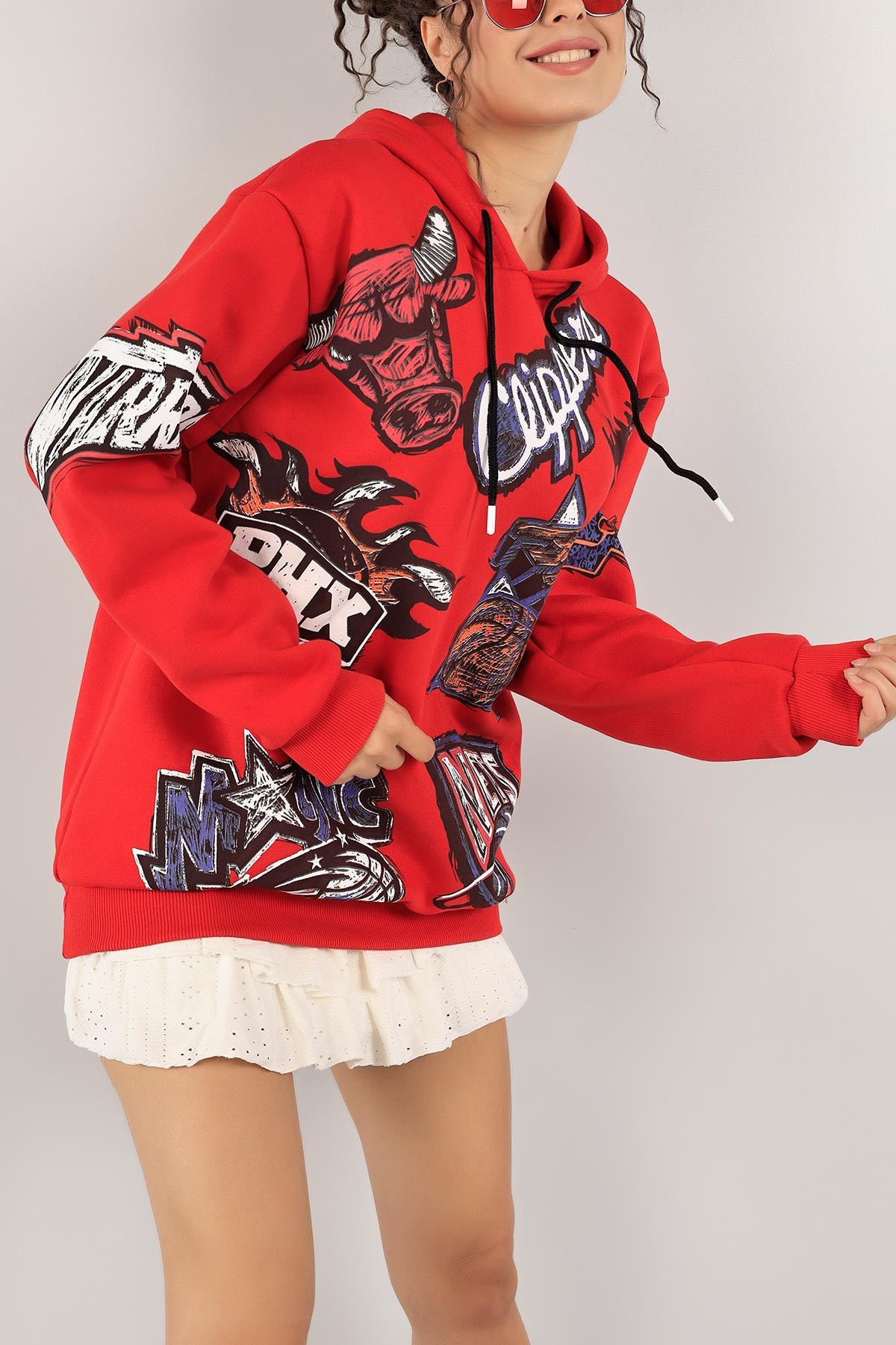Kırmızı Şardonlu Kapüşonlu Sweat 128986