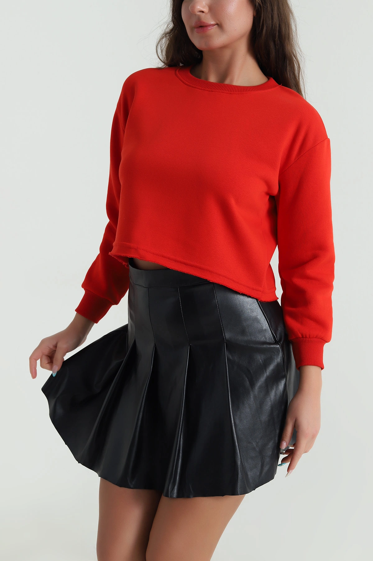Kırmızı Şardonlu Üç İp Kadın Crop Sweat 484587