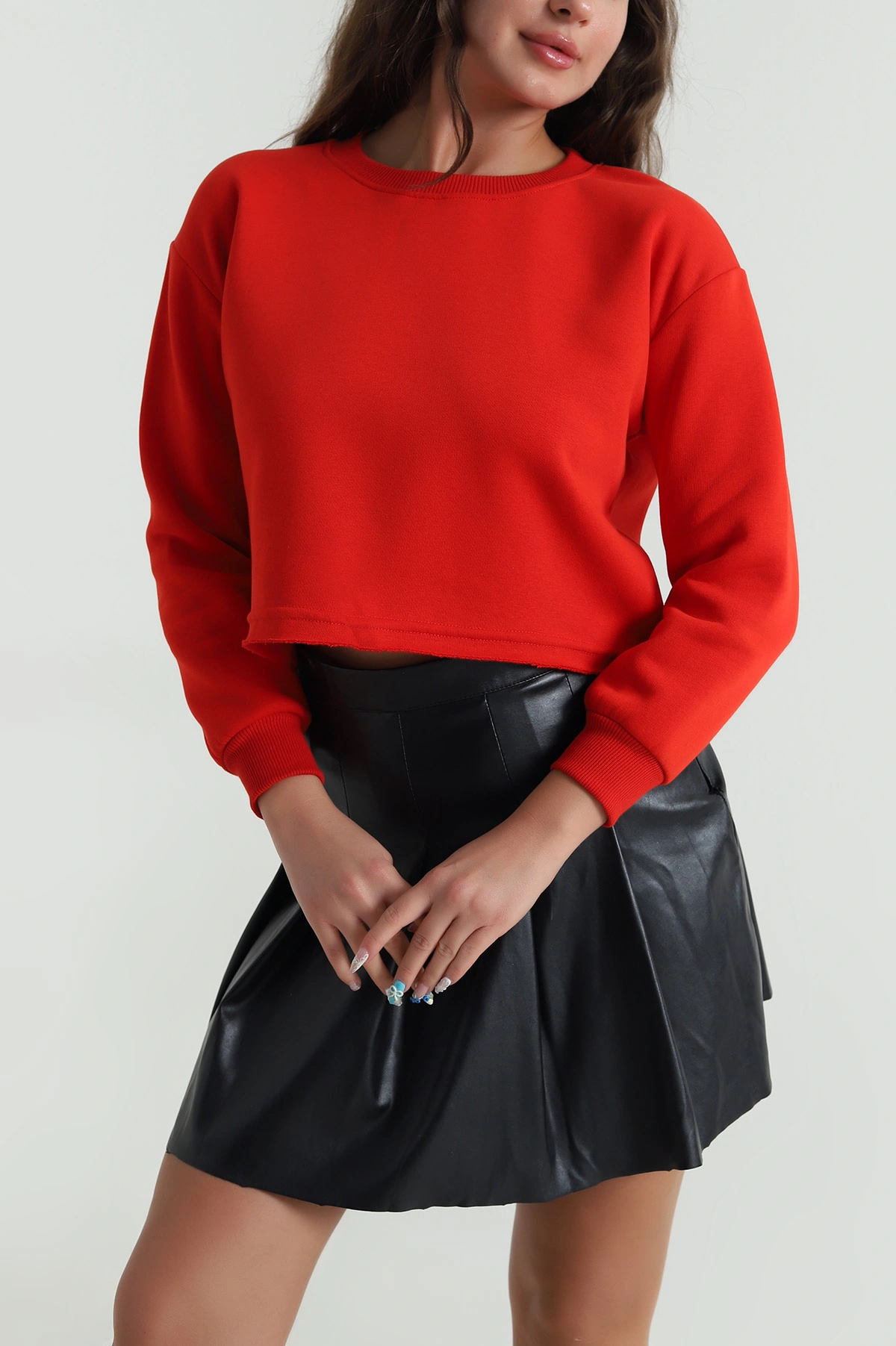 Kırmızı Şardonlu Üç İp Kadın Crop Sweat 484587