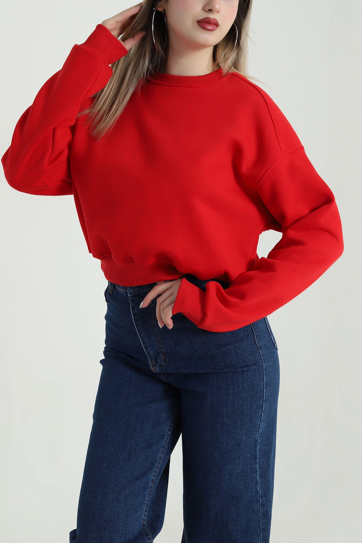 Kırmızı Şardonlu Üç İp Kadın Fermuarsız Sweat 489836