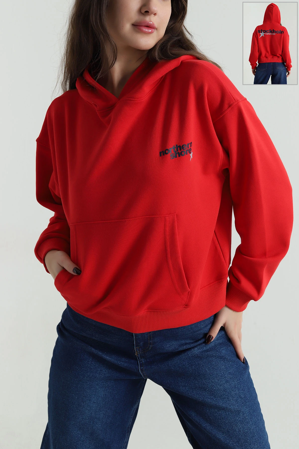 Kırmızı Şardonsuz Üç İp Kadın Fermuarsız Sweat 498035