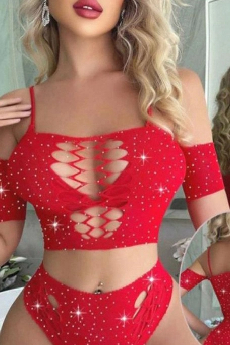 Kırmızı Seksi Taş Tasarımlı Kadın Vücut Çorabı 461769