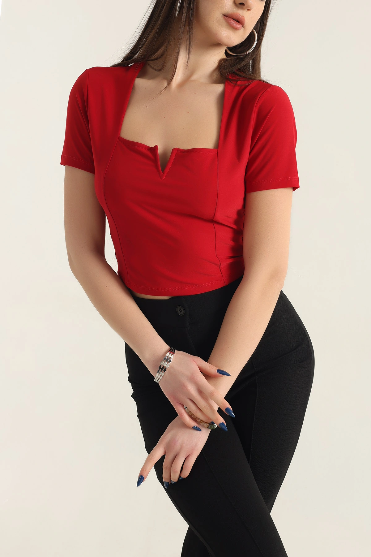 Kırmızı Sendy Kumaş Crop Bluz 337562