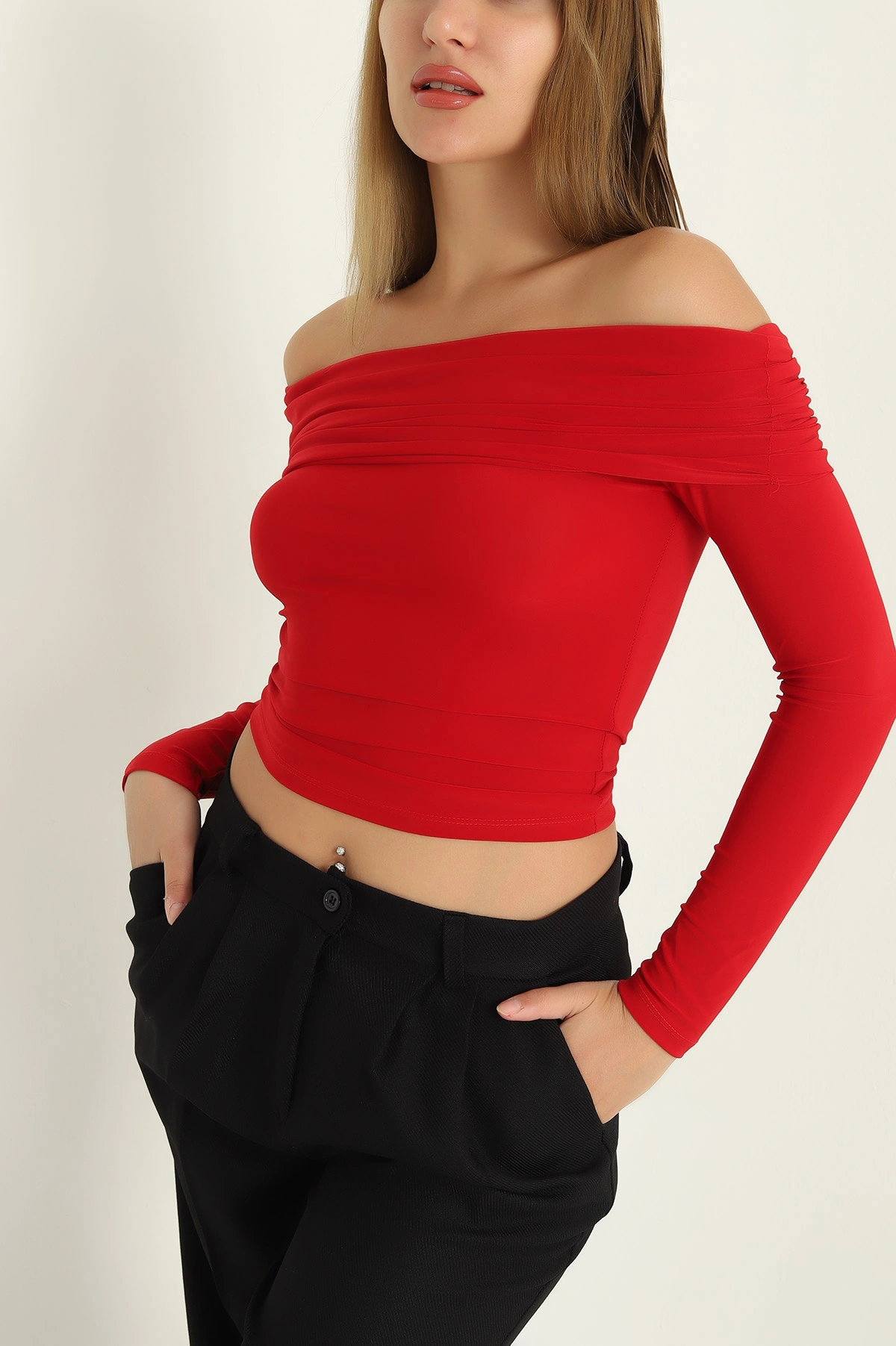 Kırmızı Sendy Kumaş Madonna Bluz 294433