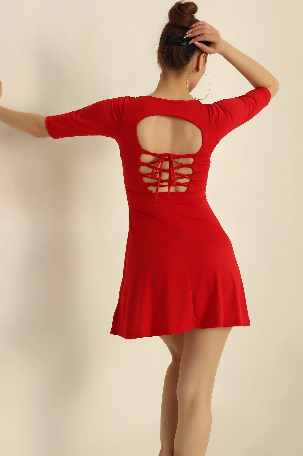 , Kırmızı Sırt Detay Sendy Kumaş Elbise 261346