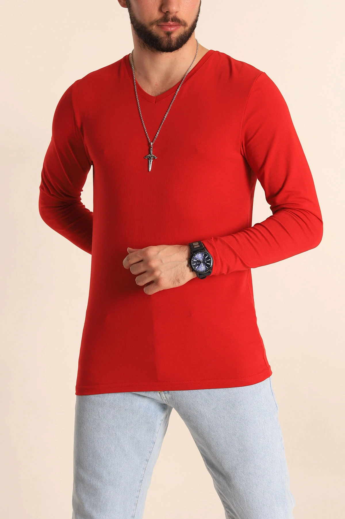Kırmızı Slim Fit V Yaka Likralı Basic Erkek Sweatshirt 234988