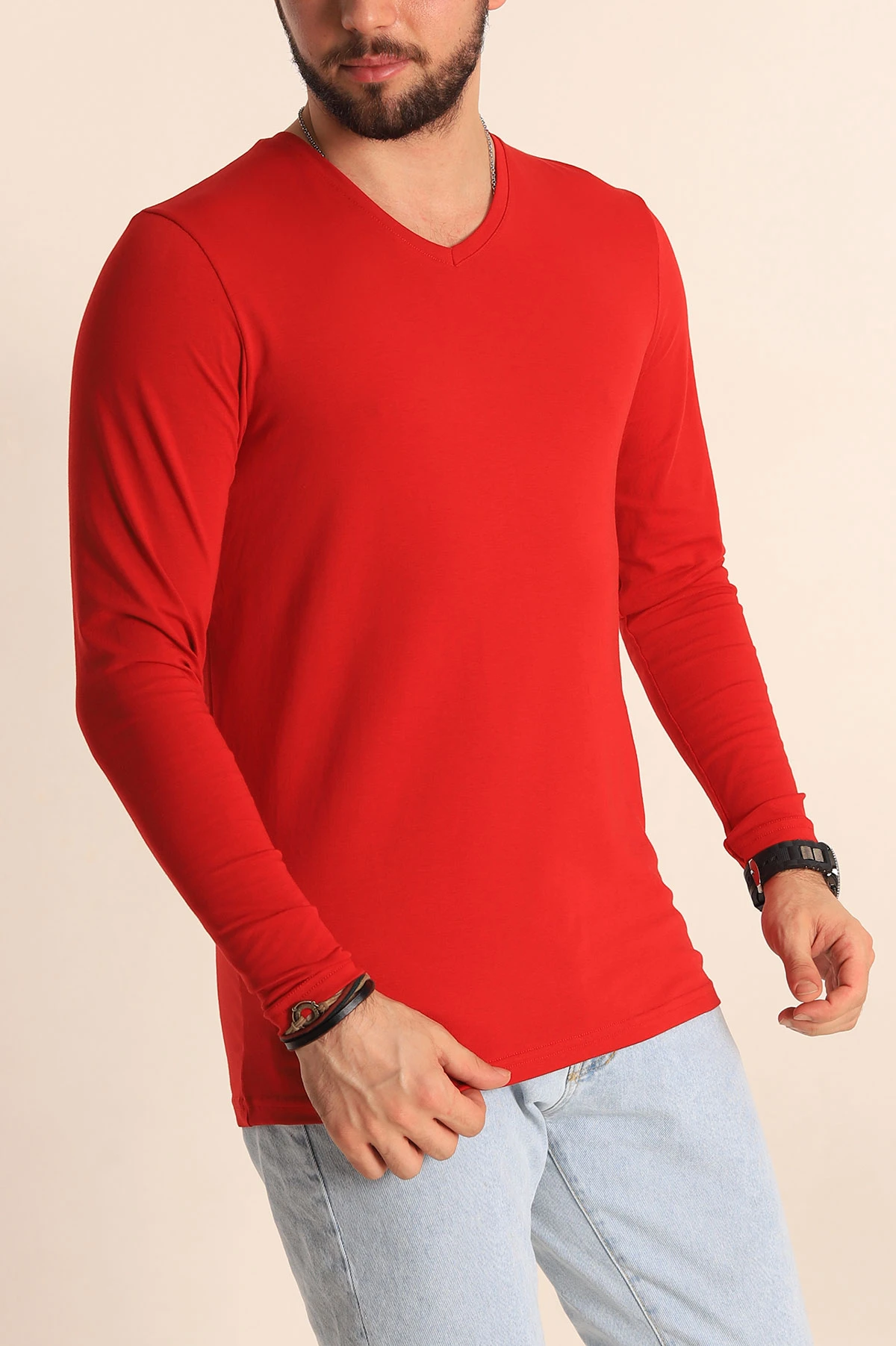Kırmızı Slim Fit V Yaka Likralı Basic Erkek Sweatshirt 234988