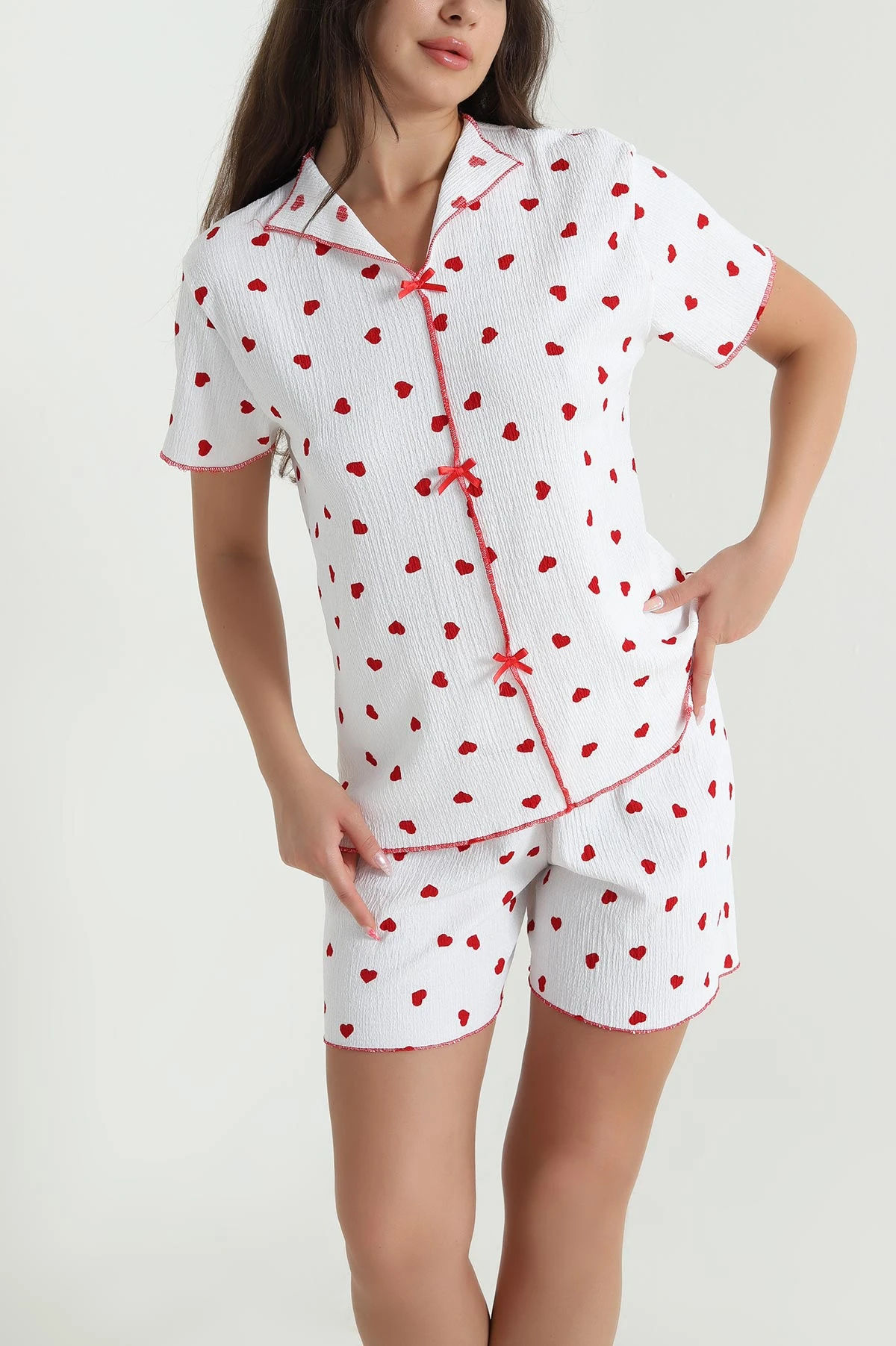 Kırmızı Şortlu Bürümcük Kadın Pijama Takımı 466576
