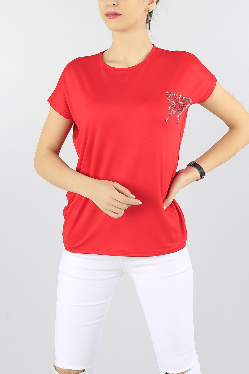 Kırmızı Taş İşlemeli Viskon Bluz 56330