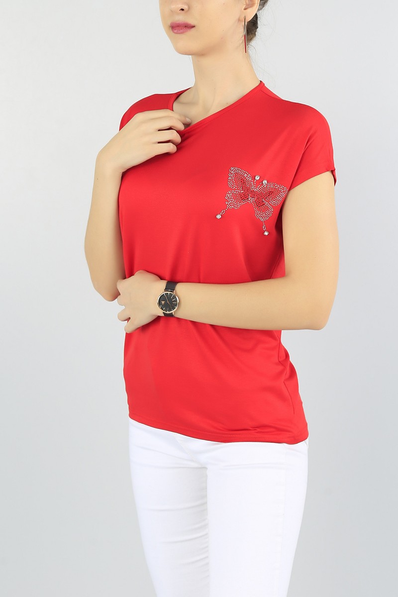 Kırmızı Taş İşlemeli Viskon Bluz 56330