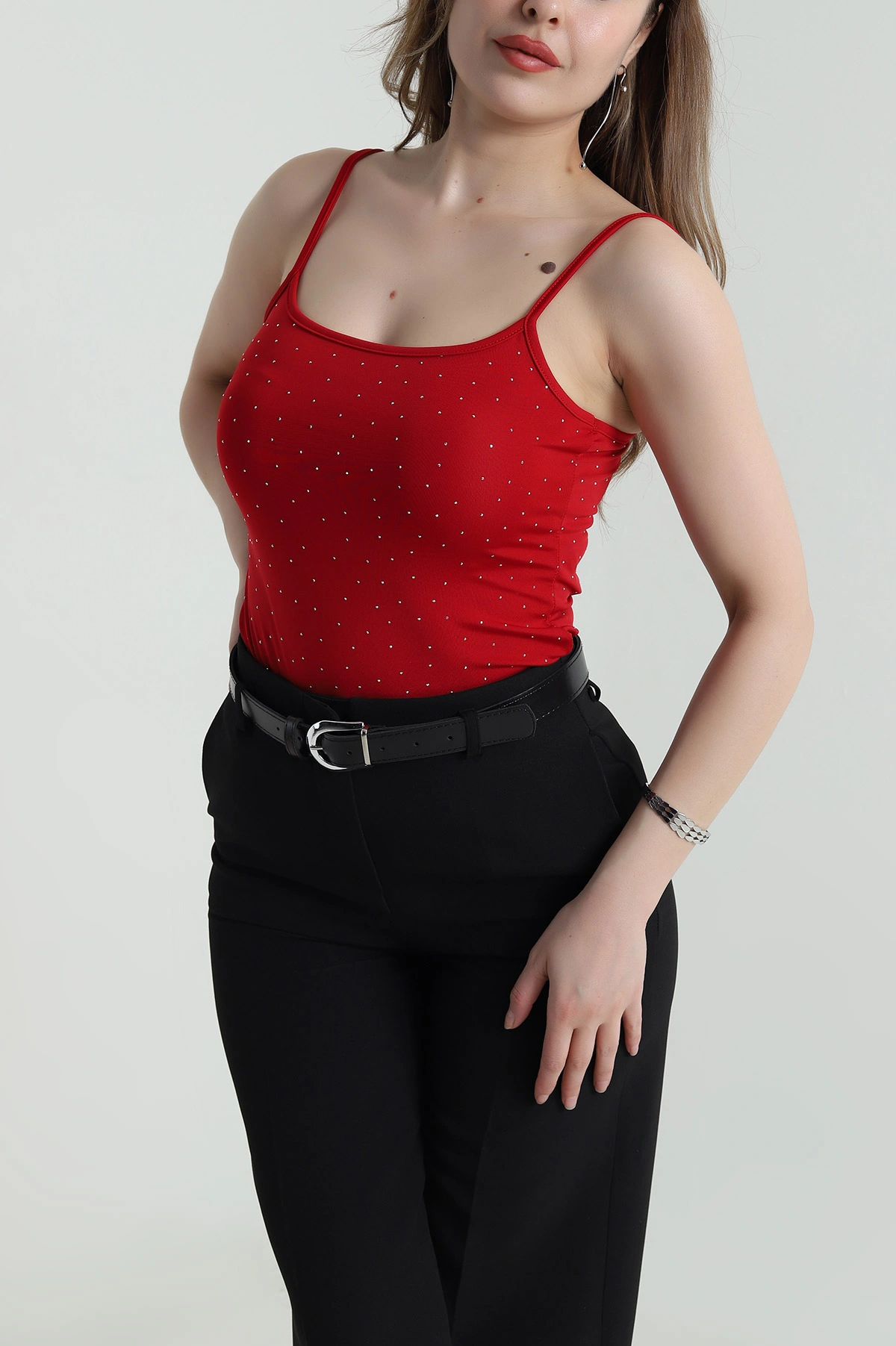 Kırmızı Taşlı Likralı Sandy Kadın Zıbın Bluz 458234