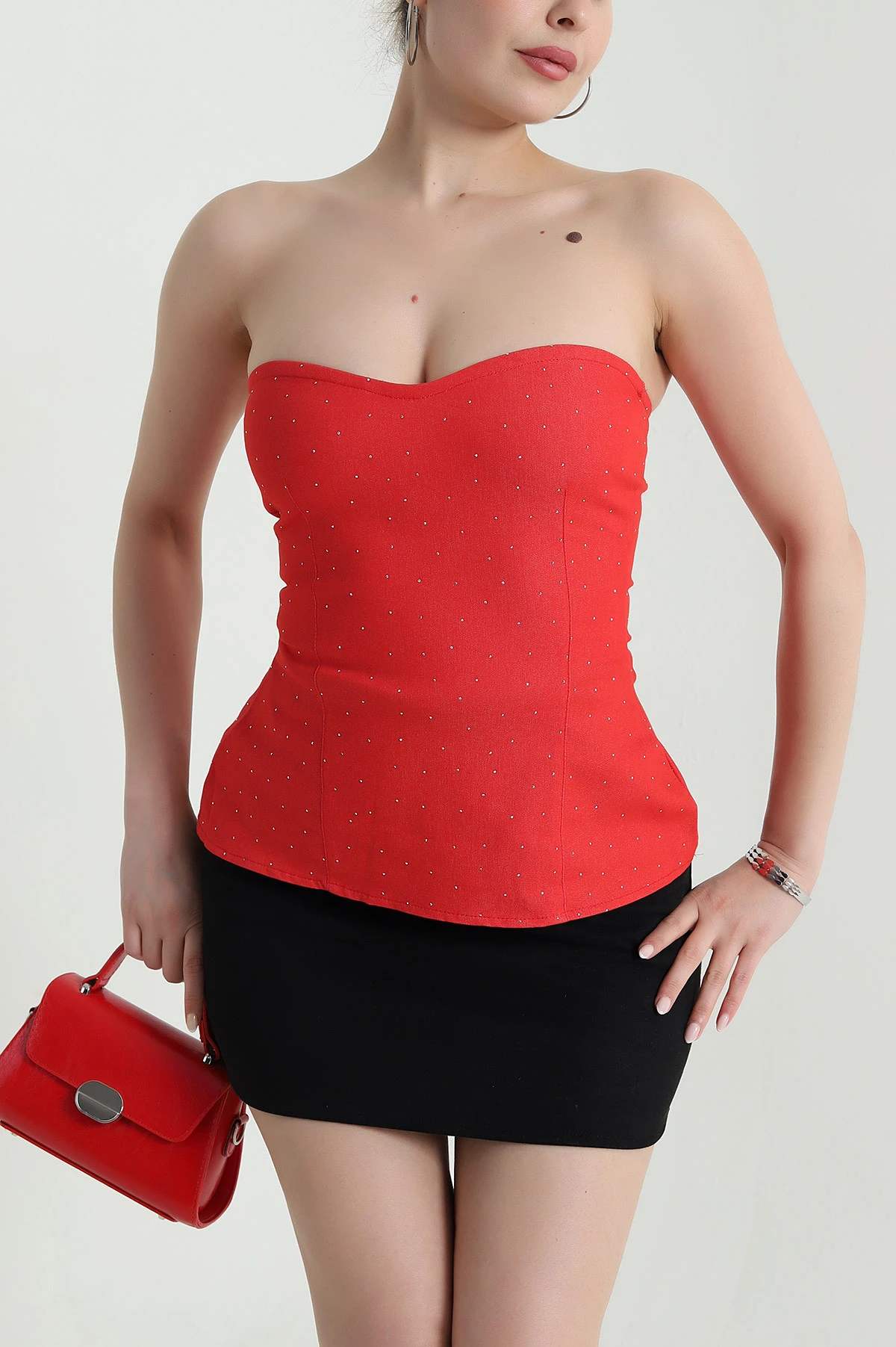 Kırmızı Taşlı Straplez Kadın Denim Büstiyer 473162