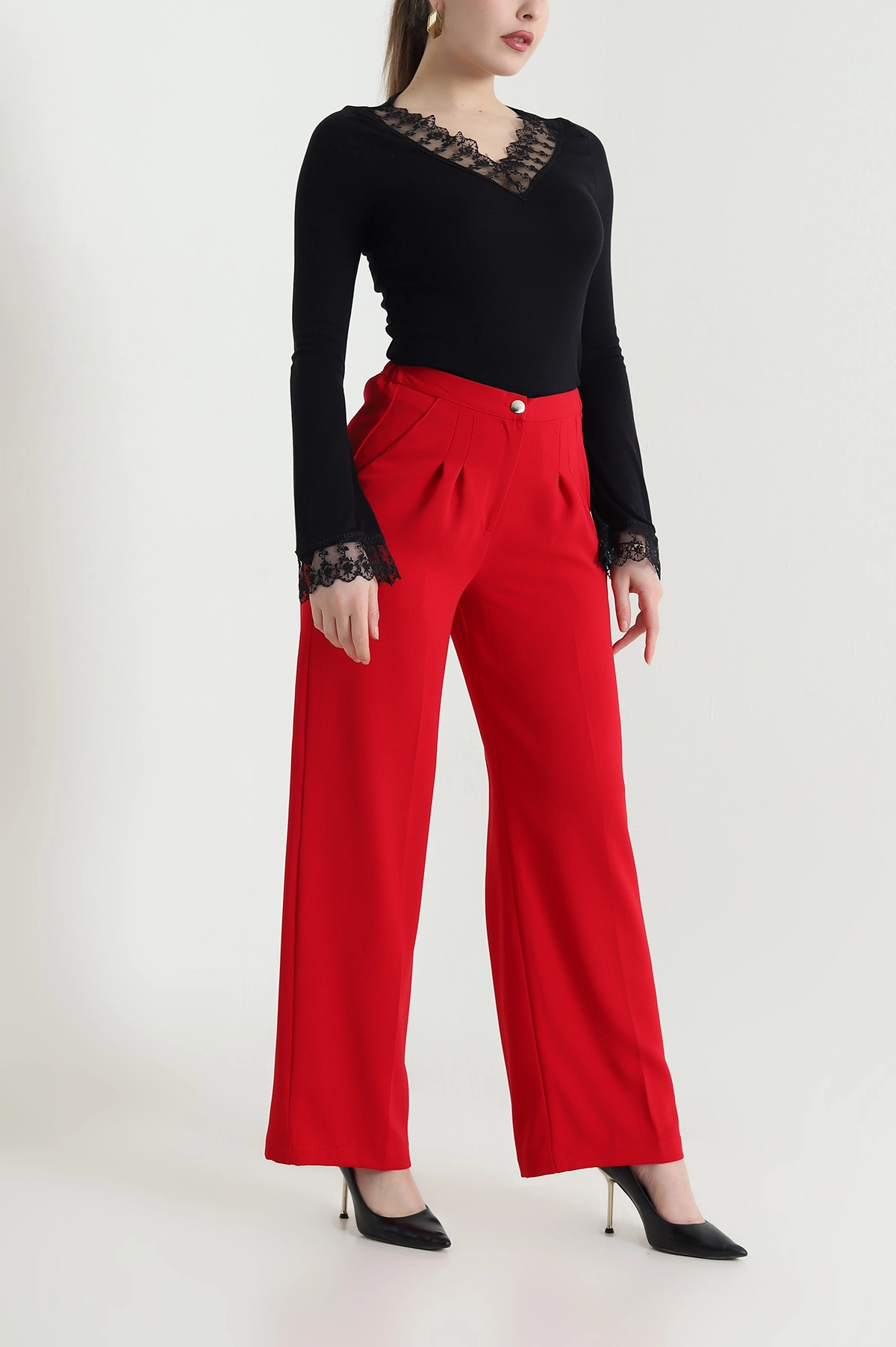 Kırmızı Tensel Crep Beli Lastikli Kadın Pantolon 440772