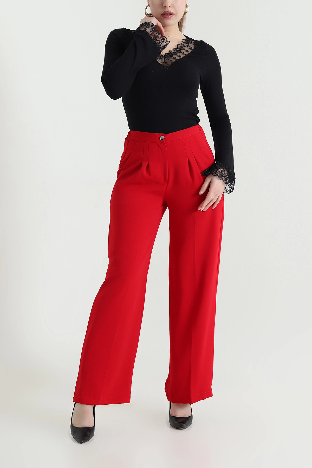 Kırmızı Tensel Crep Beli Lastikli Kadın Pantolon 440772