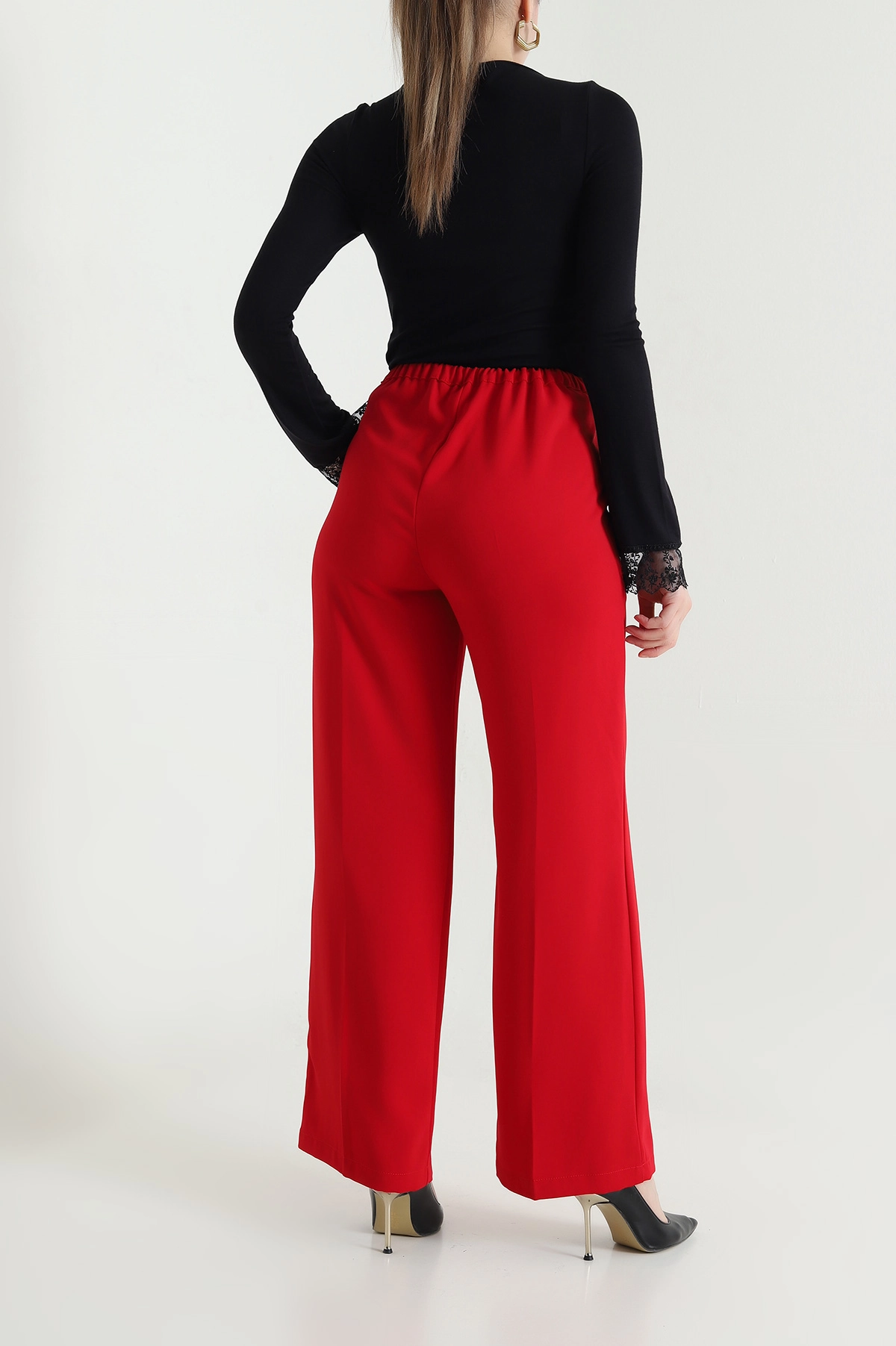 Kırmızı Tensel Crep Beli Lastikli Kadın Pantolon 440772