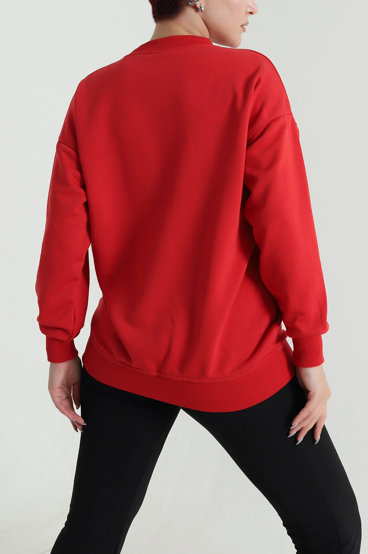 Kırmızı Üç İp Bisiklet Yaka Kadın Sweat 483661