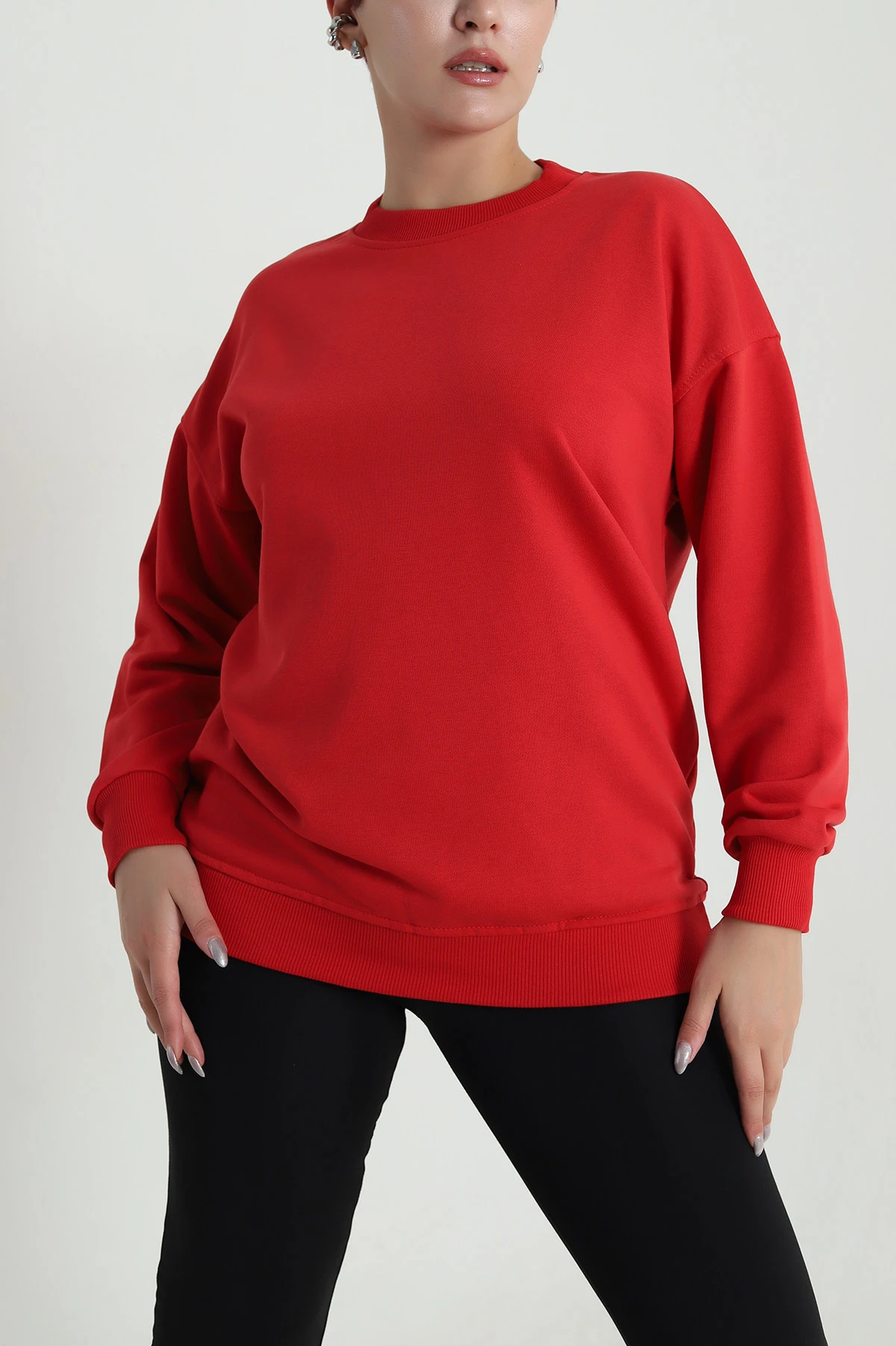 Kırmızı Üç İp Bisiklet Yaka Kadın Sweat 483661