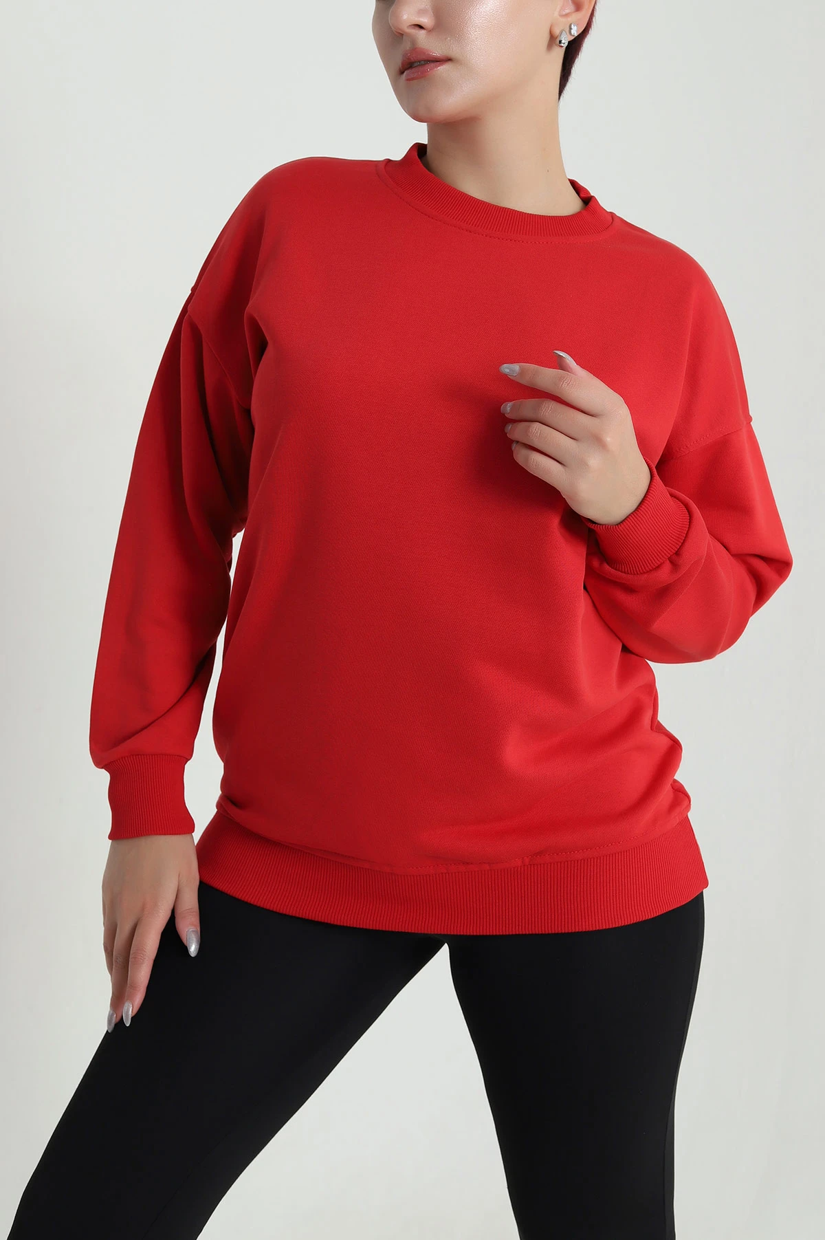 Kırmızı Üç İp Bisiklet Yaka Kadın Sweat 483661