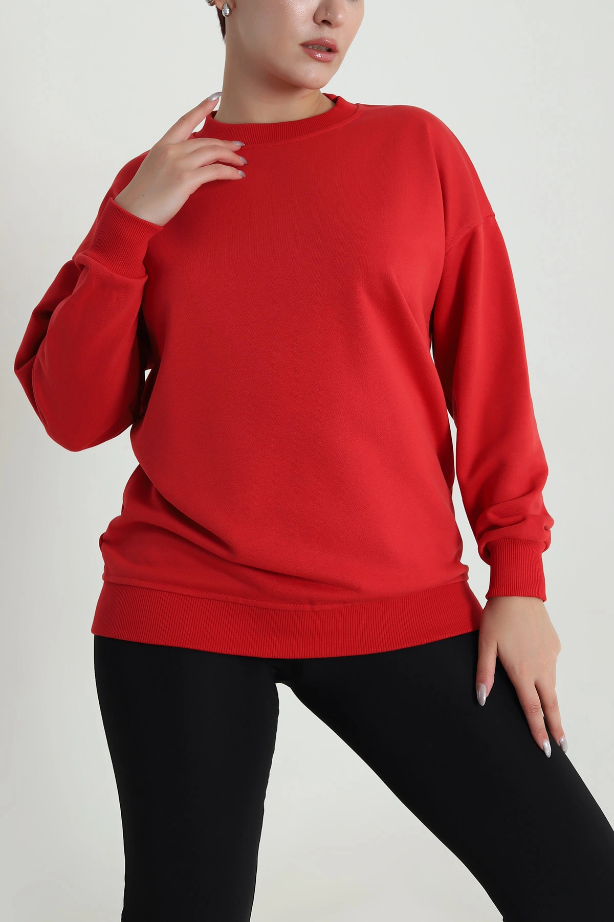 Kırmızı Üç İp Bisiklet Yaka Kadın Sweat 483661