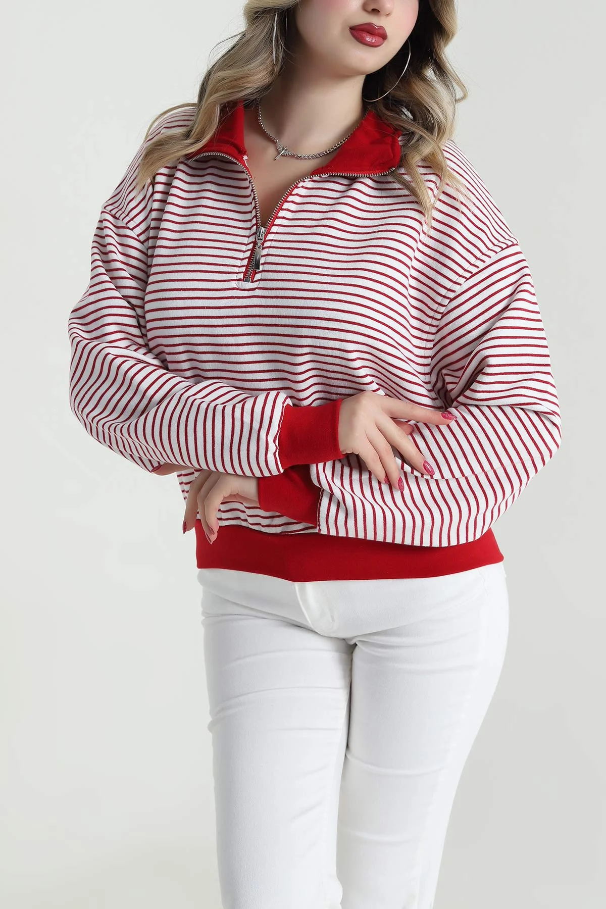 Kırmızı Üç İp Çizgili Kadın Sweat 492436