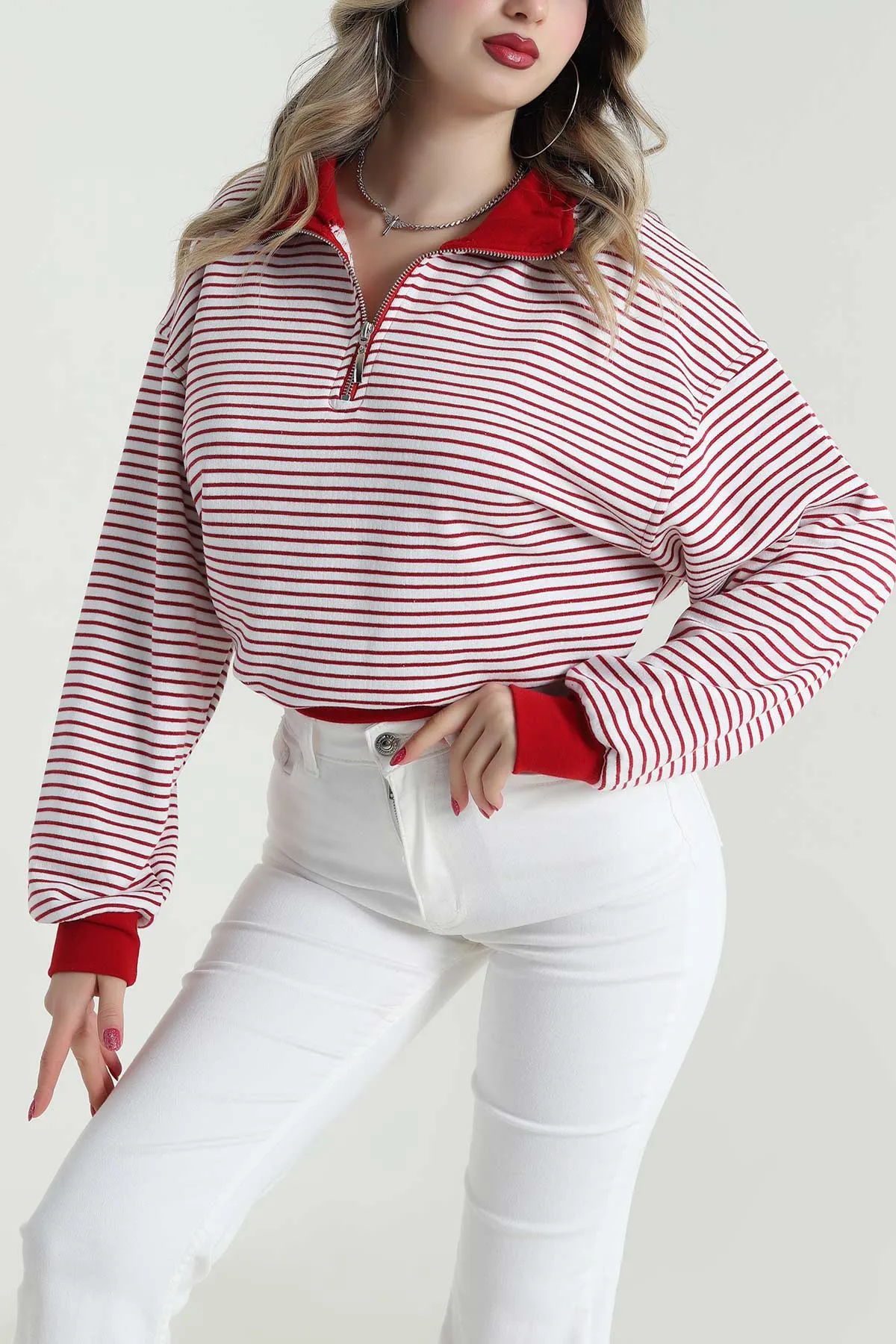 Kırmızı Üç İp Çizgili Kadın Sweat 492436